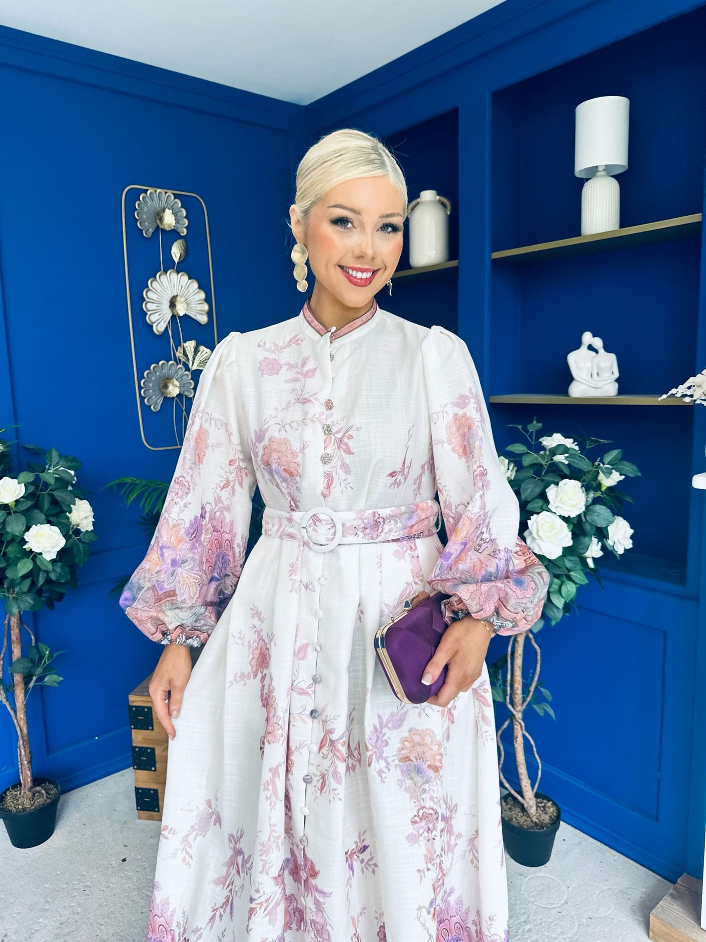 Martina Detailed Occasion Shirt Dress Floral Cream