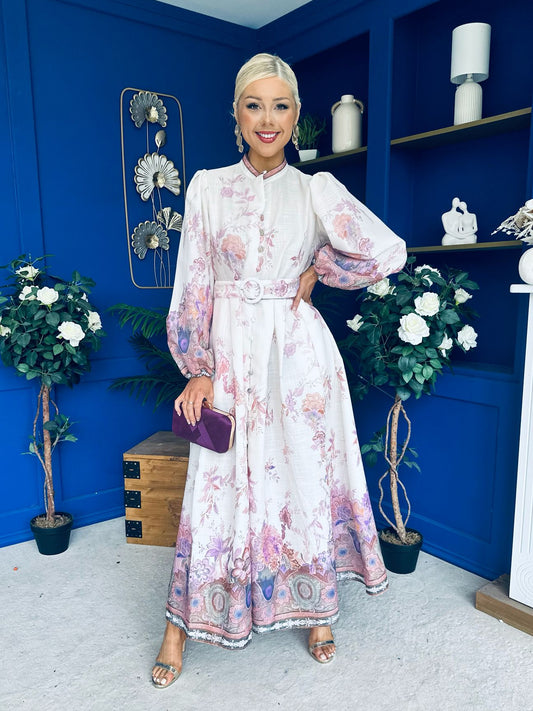Martina Detailed Occasion Shirt Dress Floral Cream