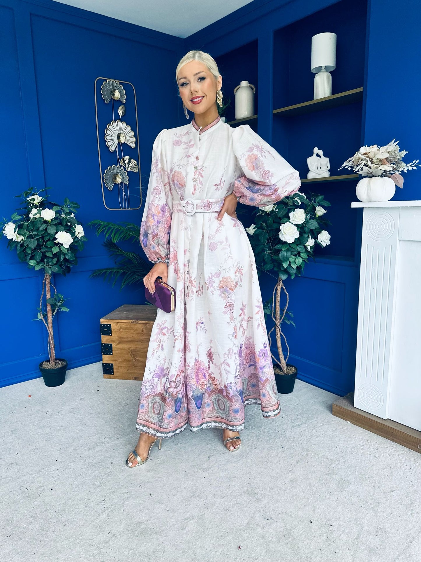 Martina Detailed Occasion Shirt Dress Floral Cream