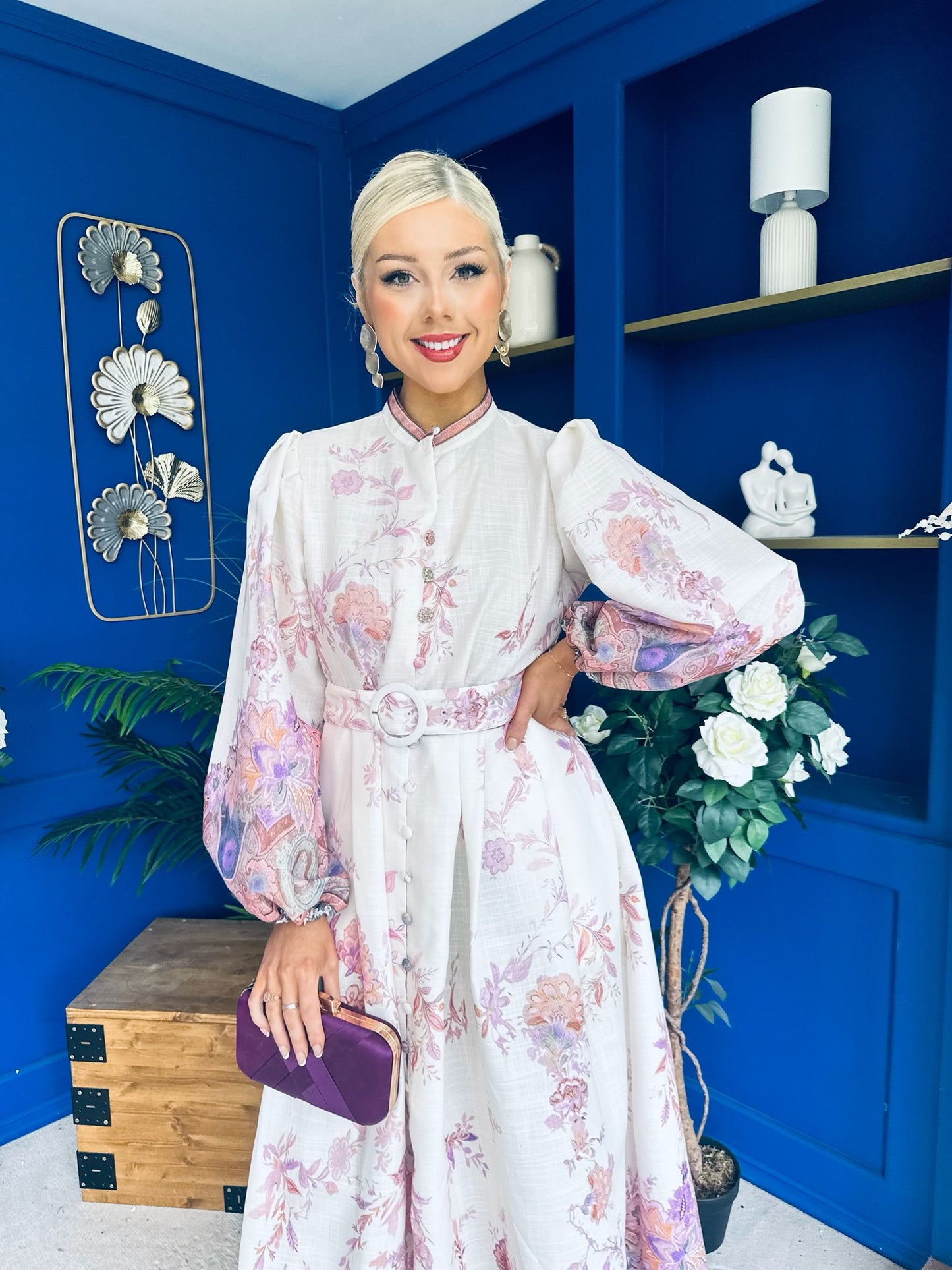 Martina Detailed Occasion Shirt Dress Floral Cream