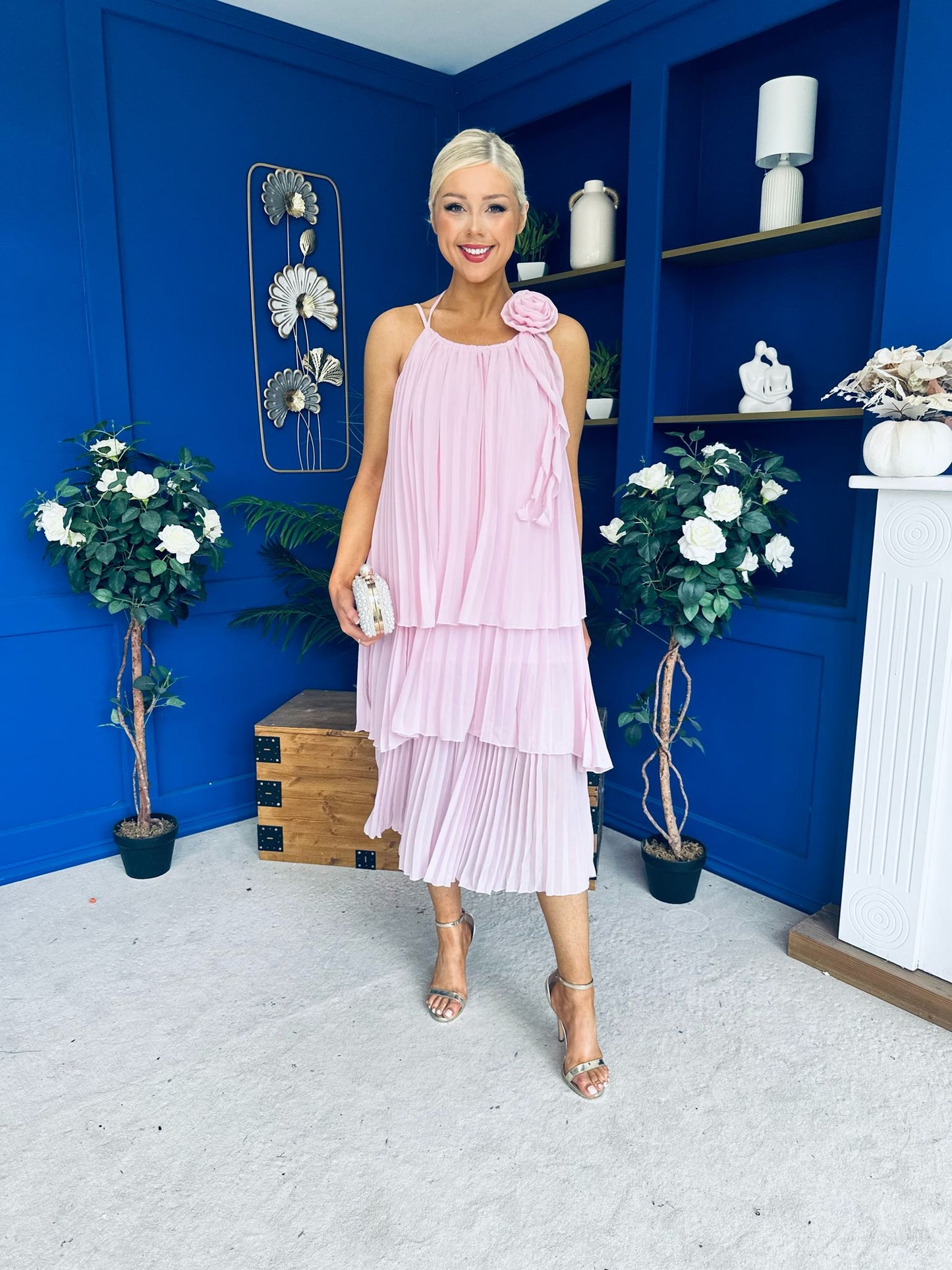 Portia Layered Chiffon Midi Dress Pink