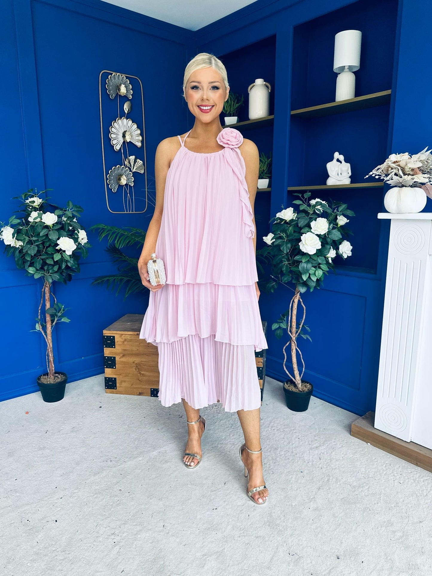 Portia Layered Chiffon Midi Dress Pink