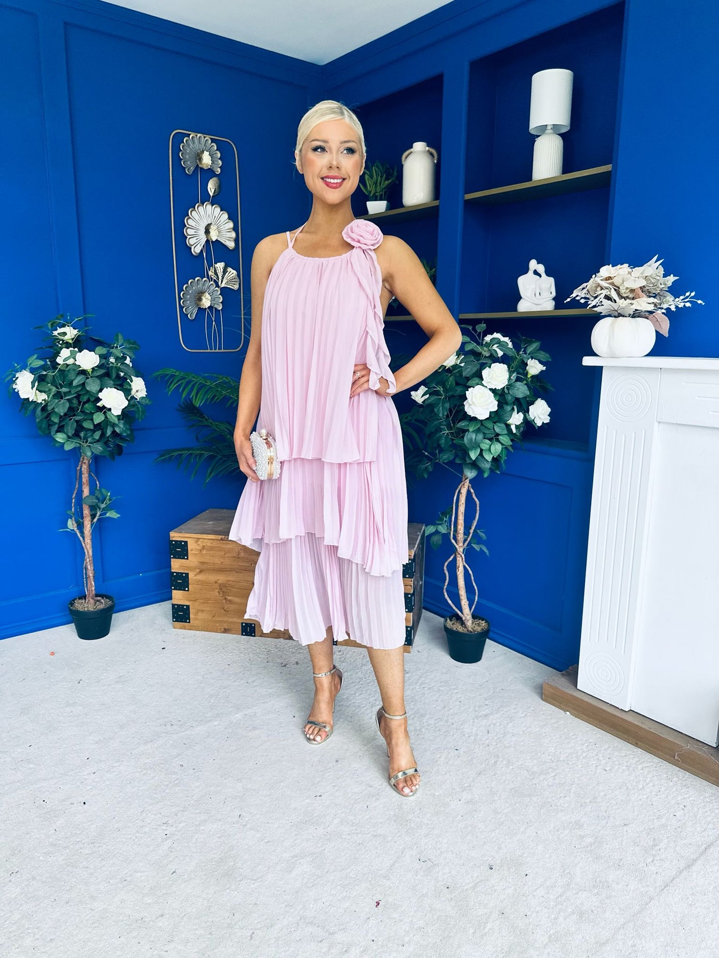 Portia Layered Chiffon Midi Dress Pink