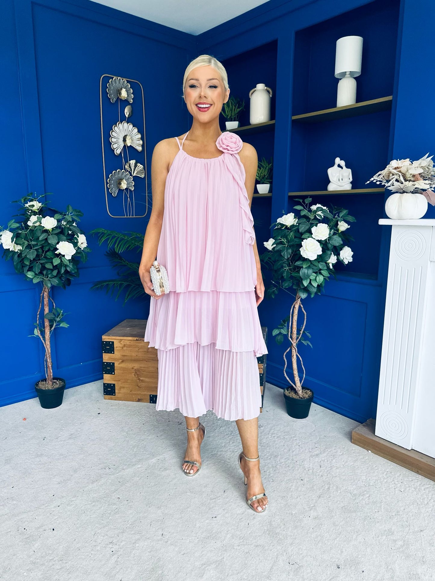 Portia Layered Chiffon Midi Dress Pink