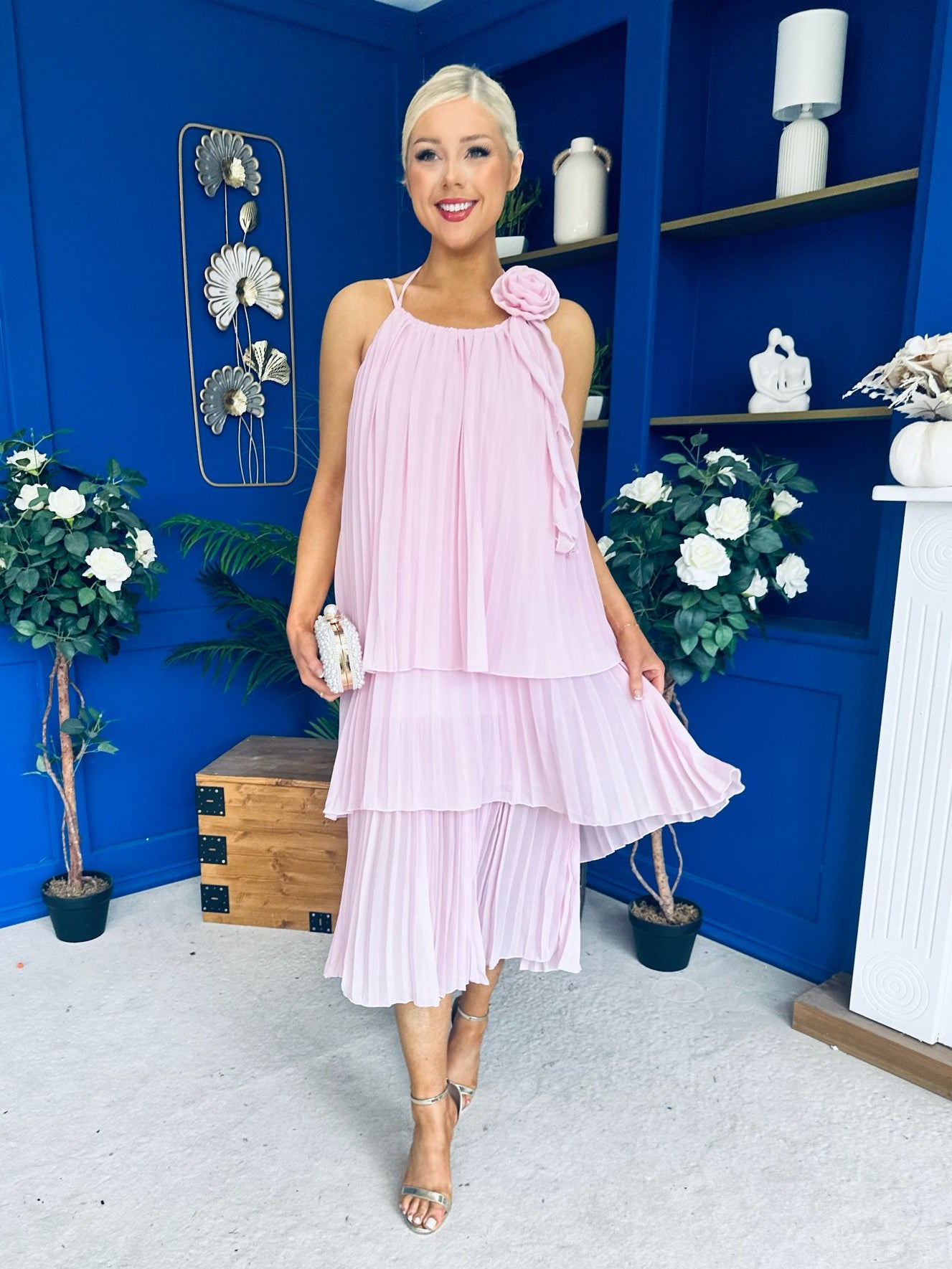 Portia Layered Chiffon Midi Dress Pink
