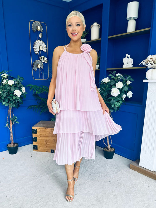 Portia Layered Chiffon Midi Dress Pink