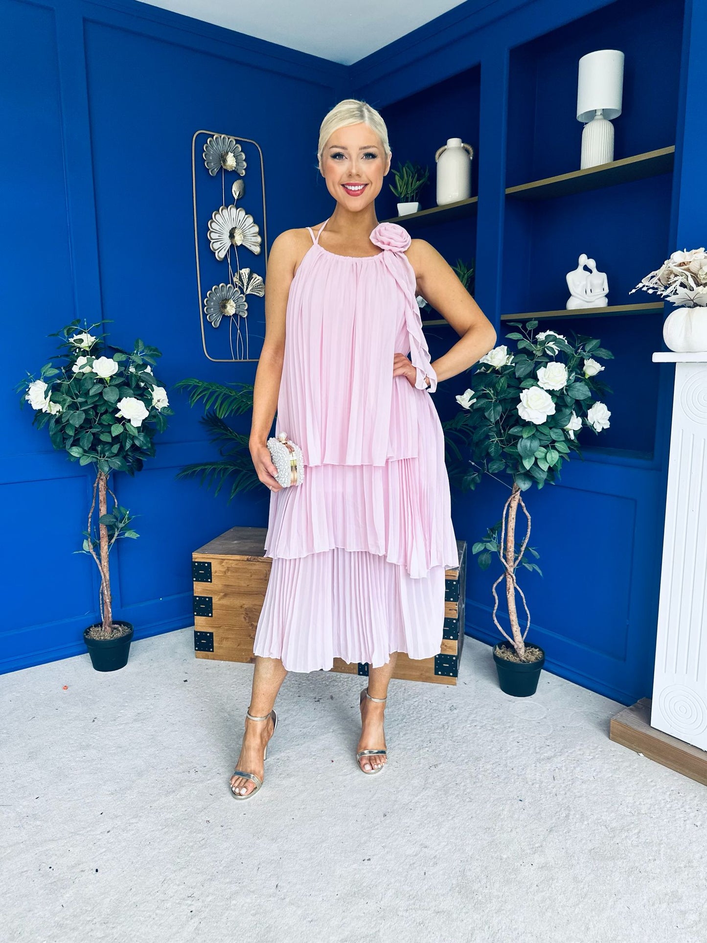 Portia Layered Chiffon Midi Dress Pink