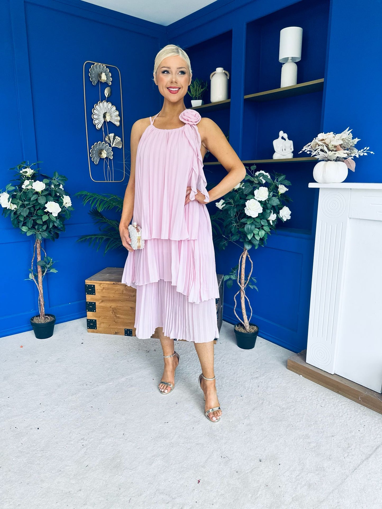 Portia Layered Chiffon Midi Dress Pink