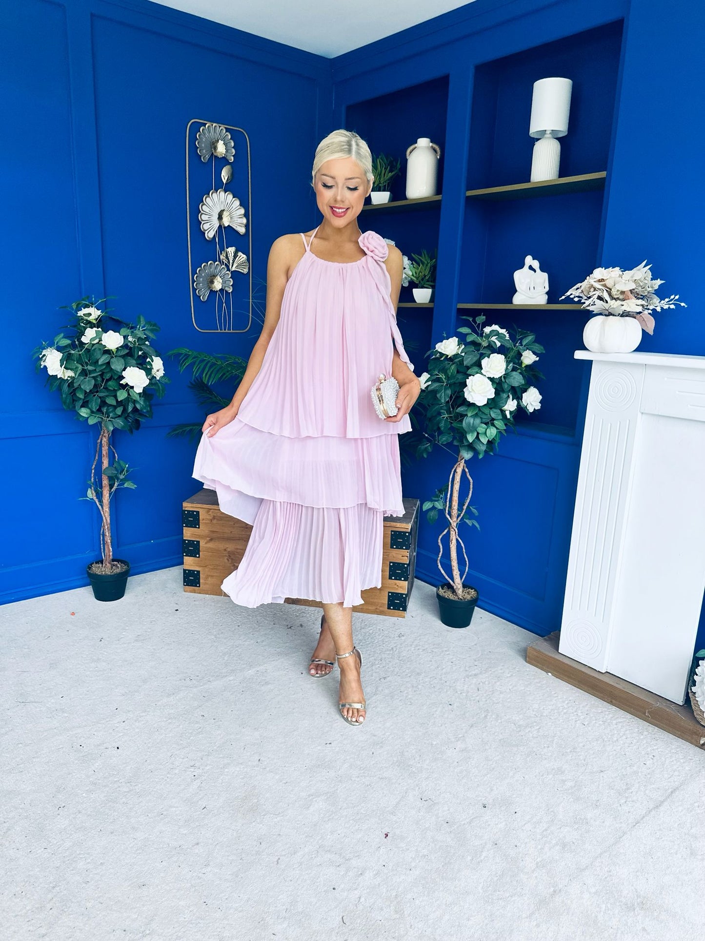 Portia Layered Chiffon Midi Dress Pink