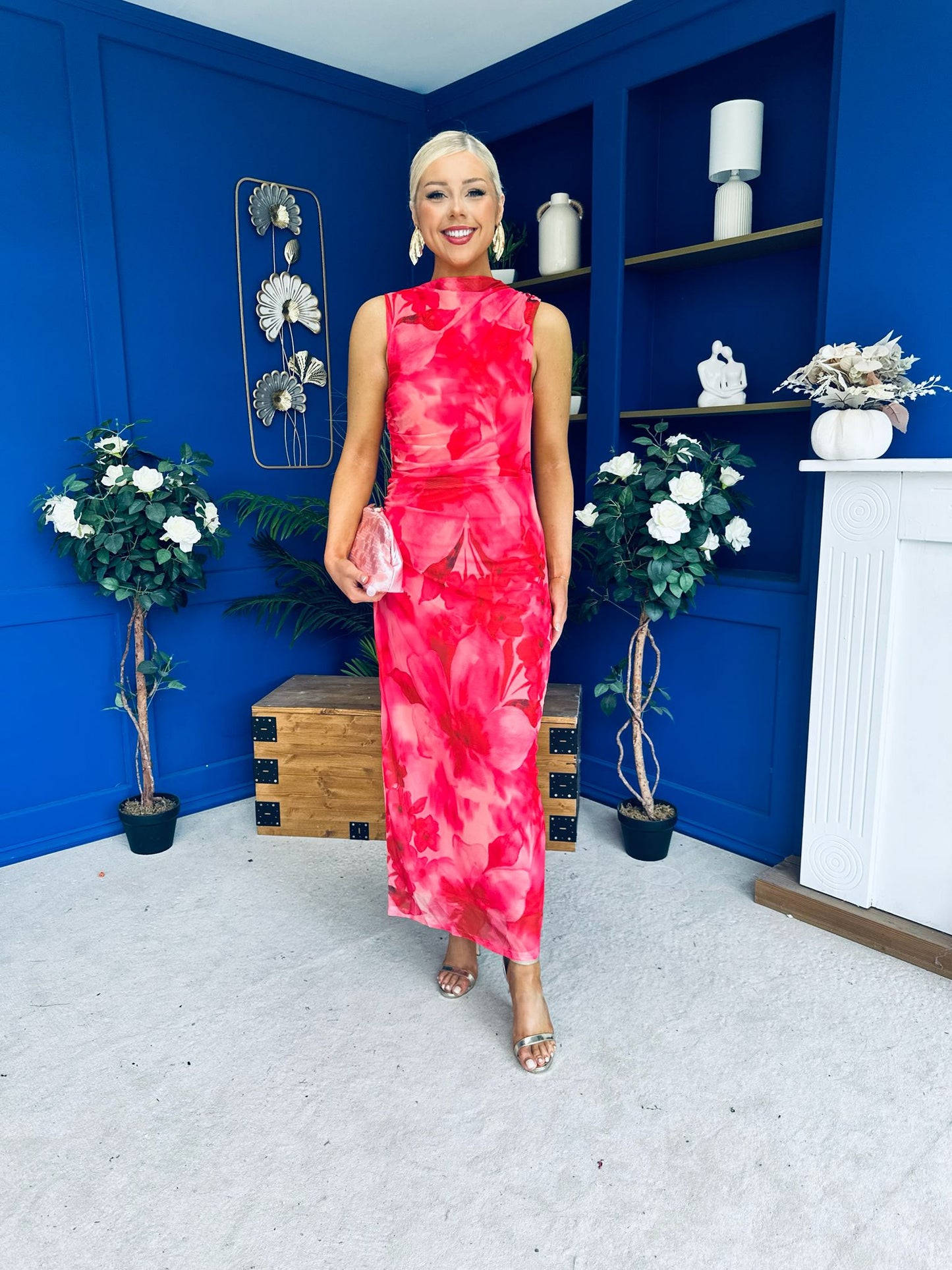 Gianna High Neck Mesh Midi Dress Floral Coral