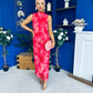 Gianna High Neck Mesh Midi Dress Floral Coral