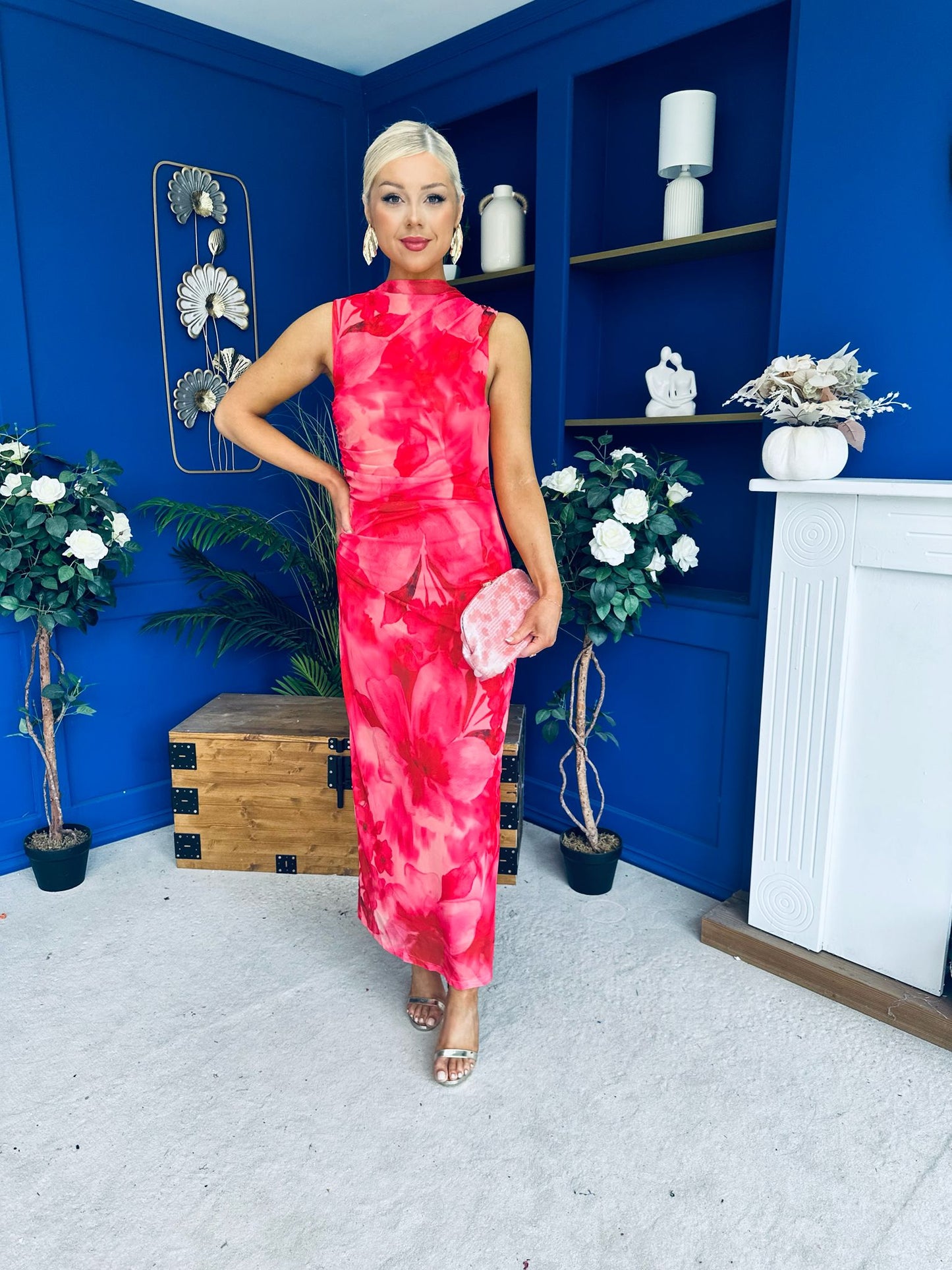 Gianna High Neck Mesh Midi Dress Floral Coral