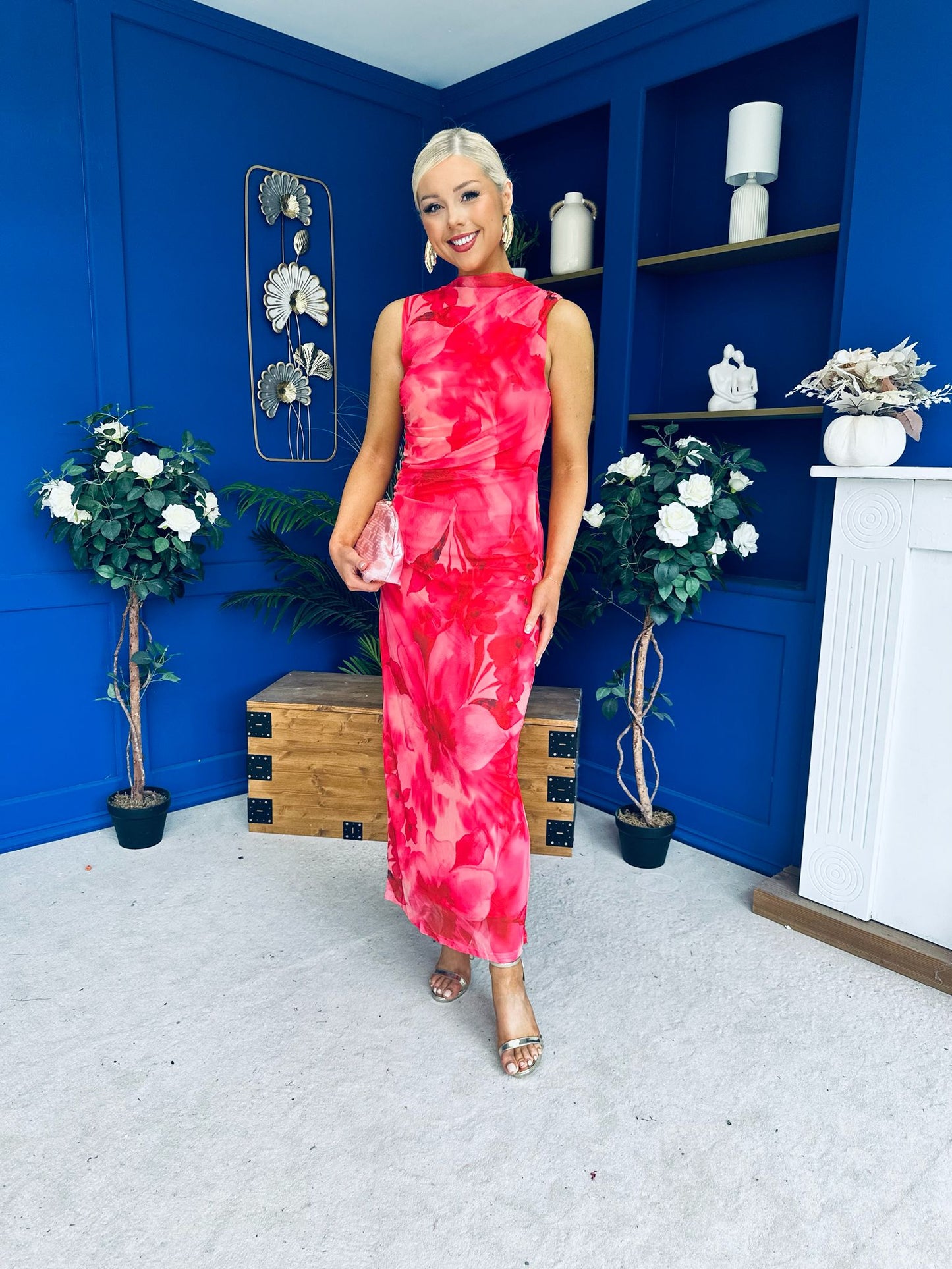Gianna High Neck Mesh Midi Dress Floral Coral