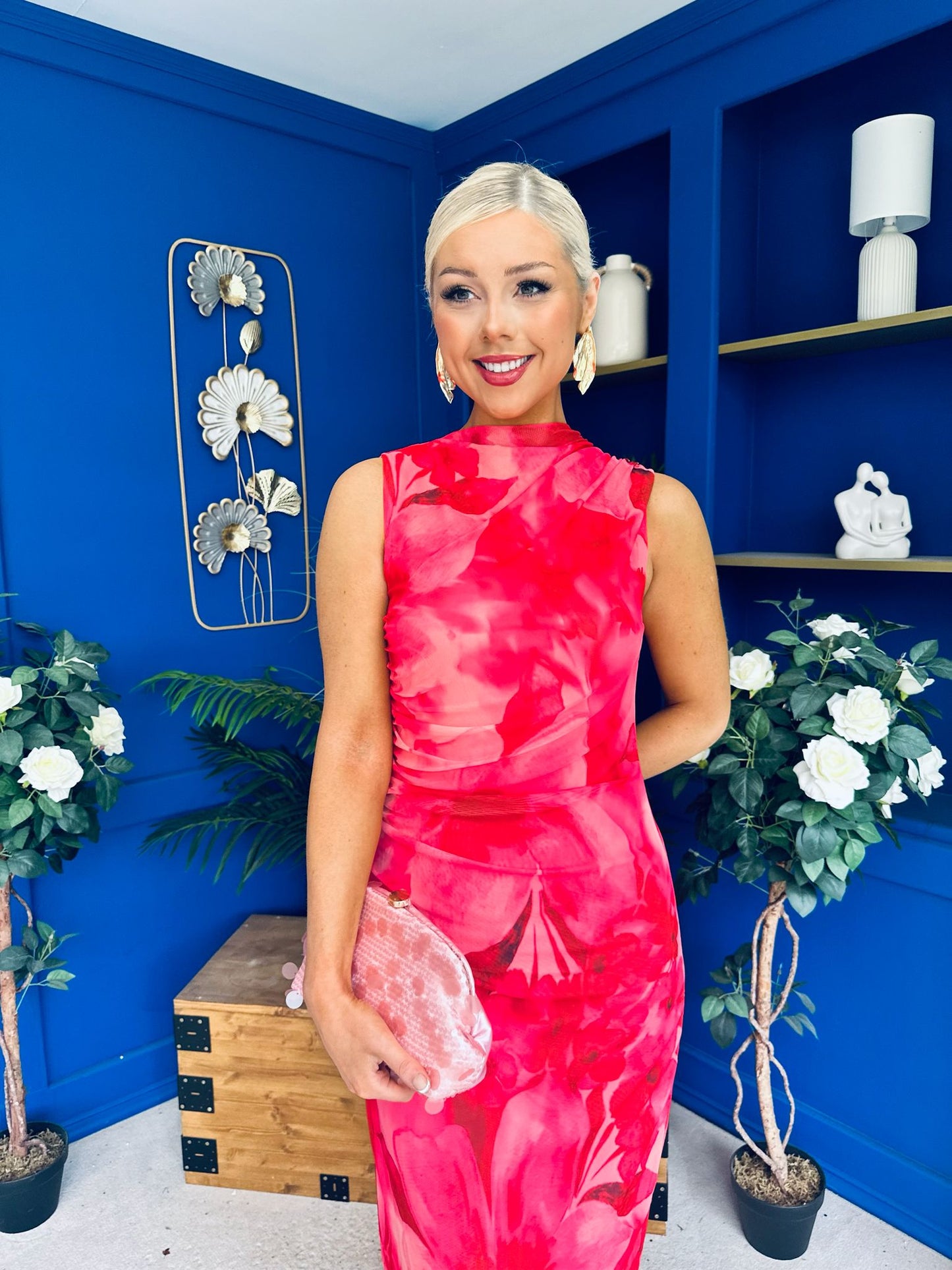 Gianna High Neck Mesh Midi Dress Floral Coral