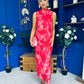 Gianna High Neck Mesh Midi Dress Floral Coral