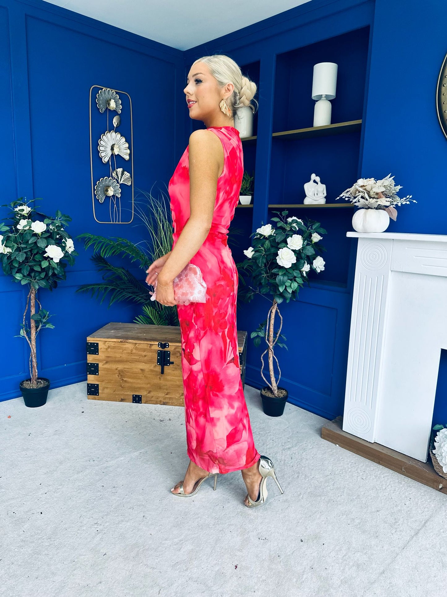 Gianna High Neck Mesh Midi Dress Floral Coral