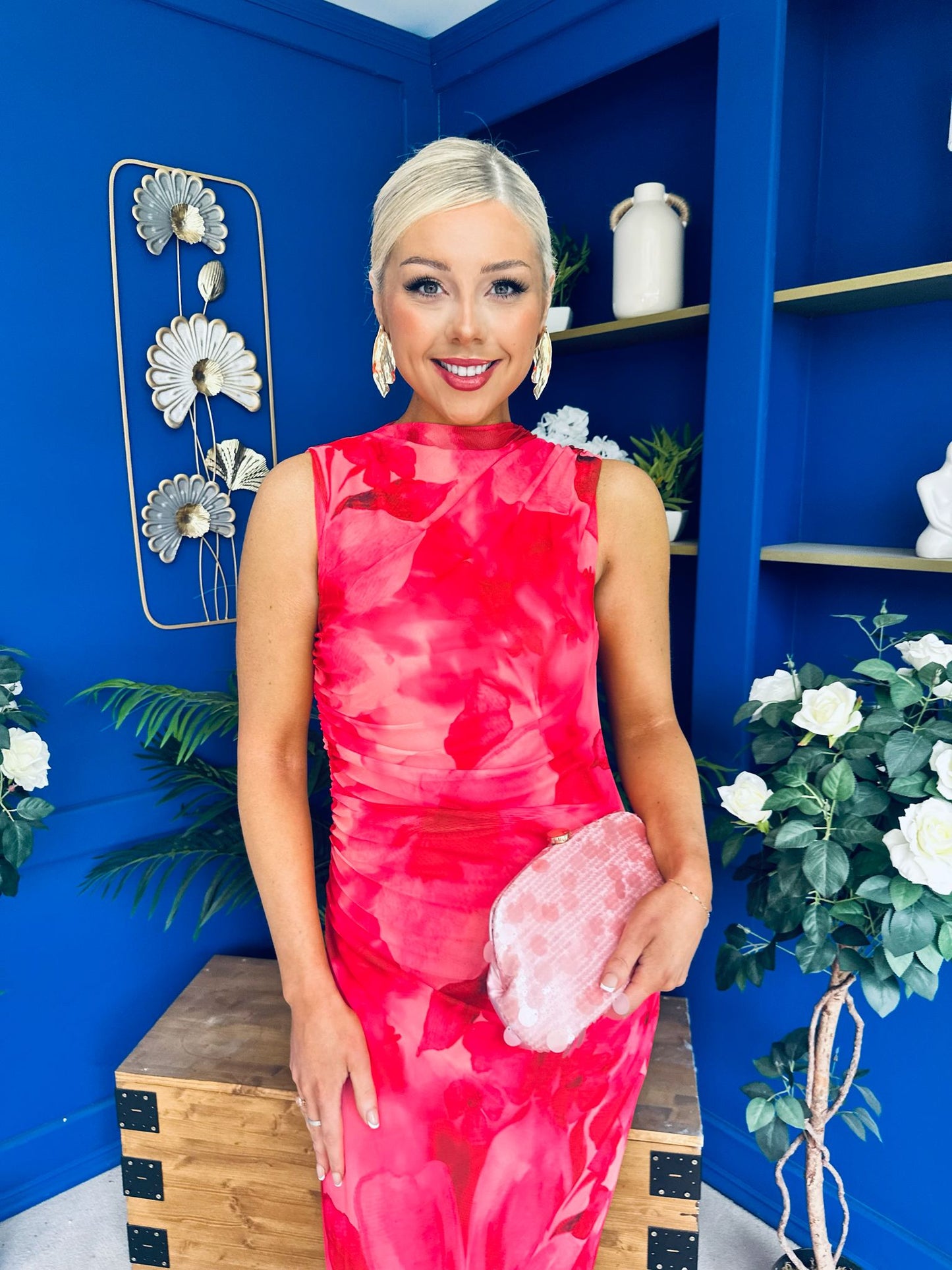 Gianna High Neck Mesh Midi Dress Floral Coral