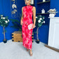 Gianna High Neck Mesh Midi Dress Floral Coral
