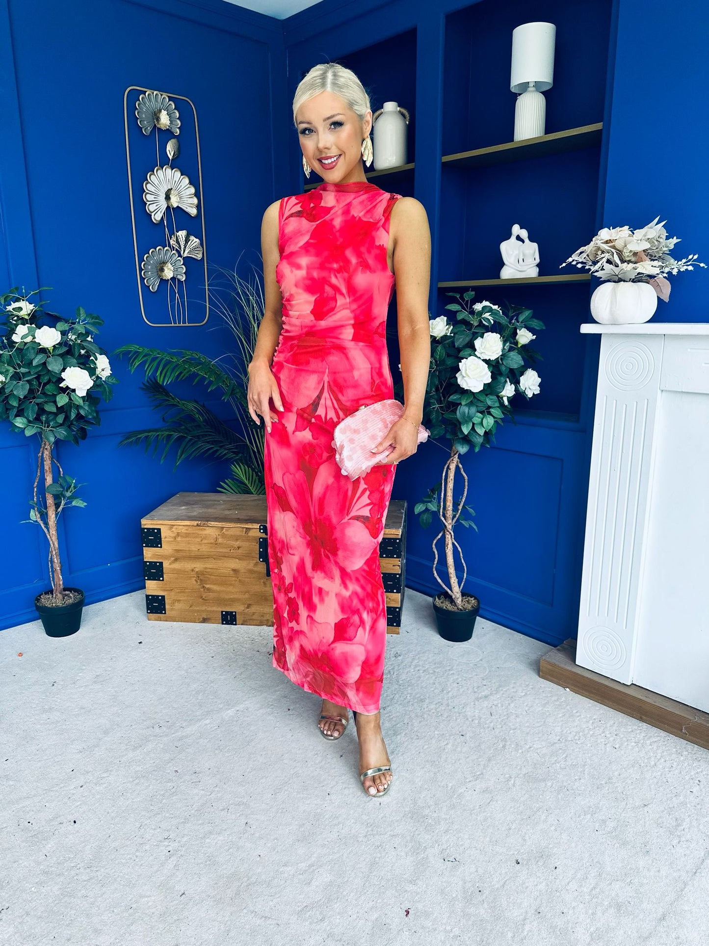 Gianna High Neck Mesh Midi Dress Floral Coral