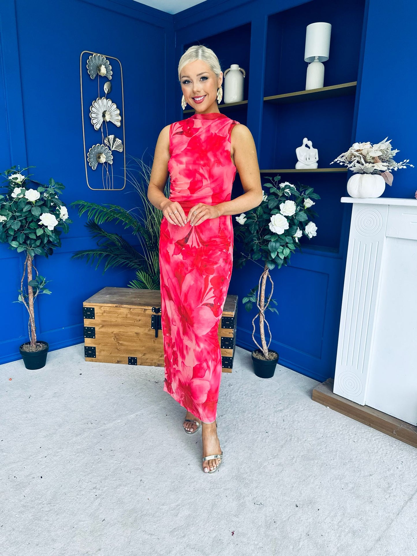 Gianna High Neck Mesh Midi Dress Floral Coral