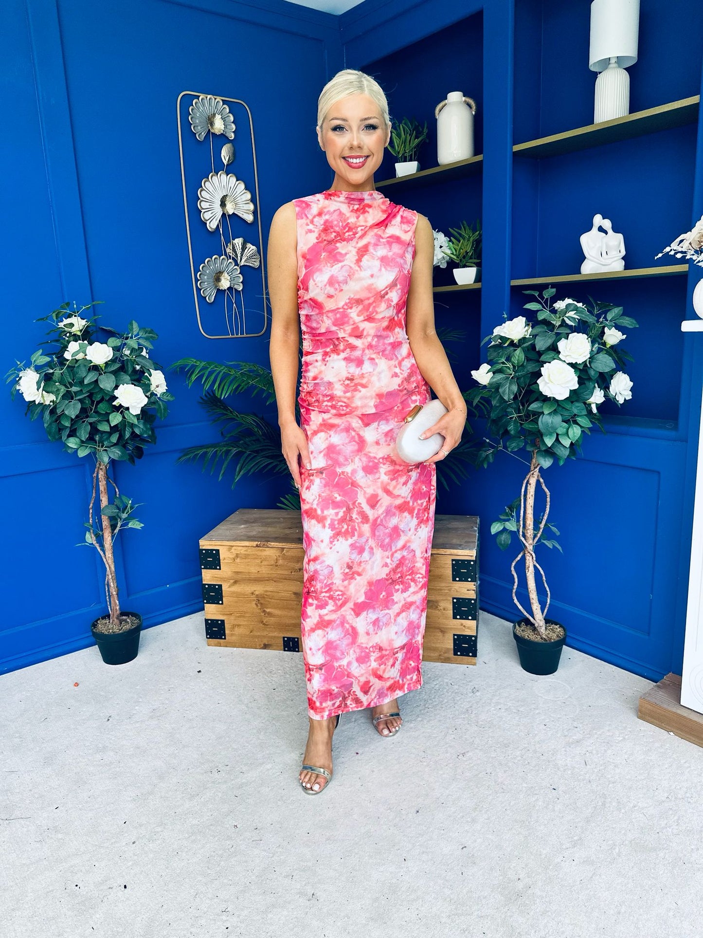 Gianna High Neck Mesh Midi Dress Floral Pink