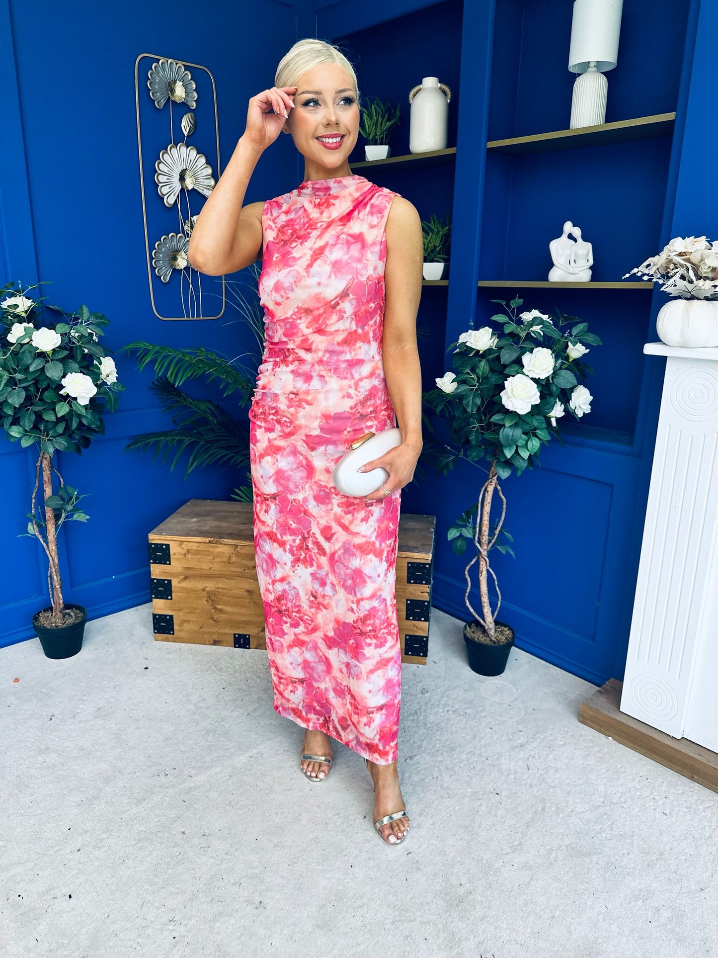 Gianna High Neck Mesh Midi Dress Floral Pink