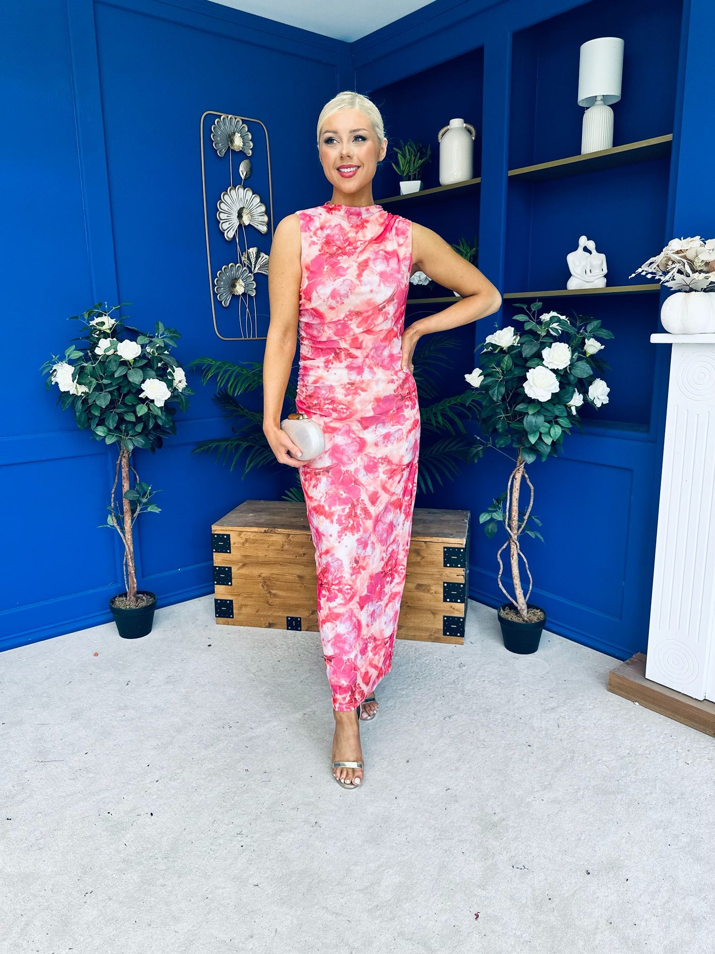 Gianna High Neck Mesh Midi Dress Floral Pink