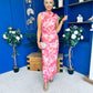 Gianna High Neck Mesh Midi Dress Floral Pink