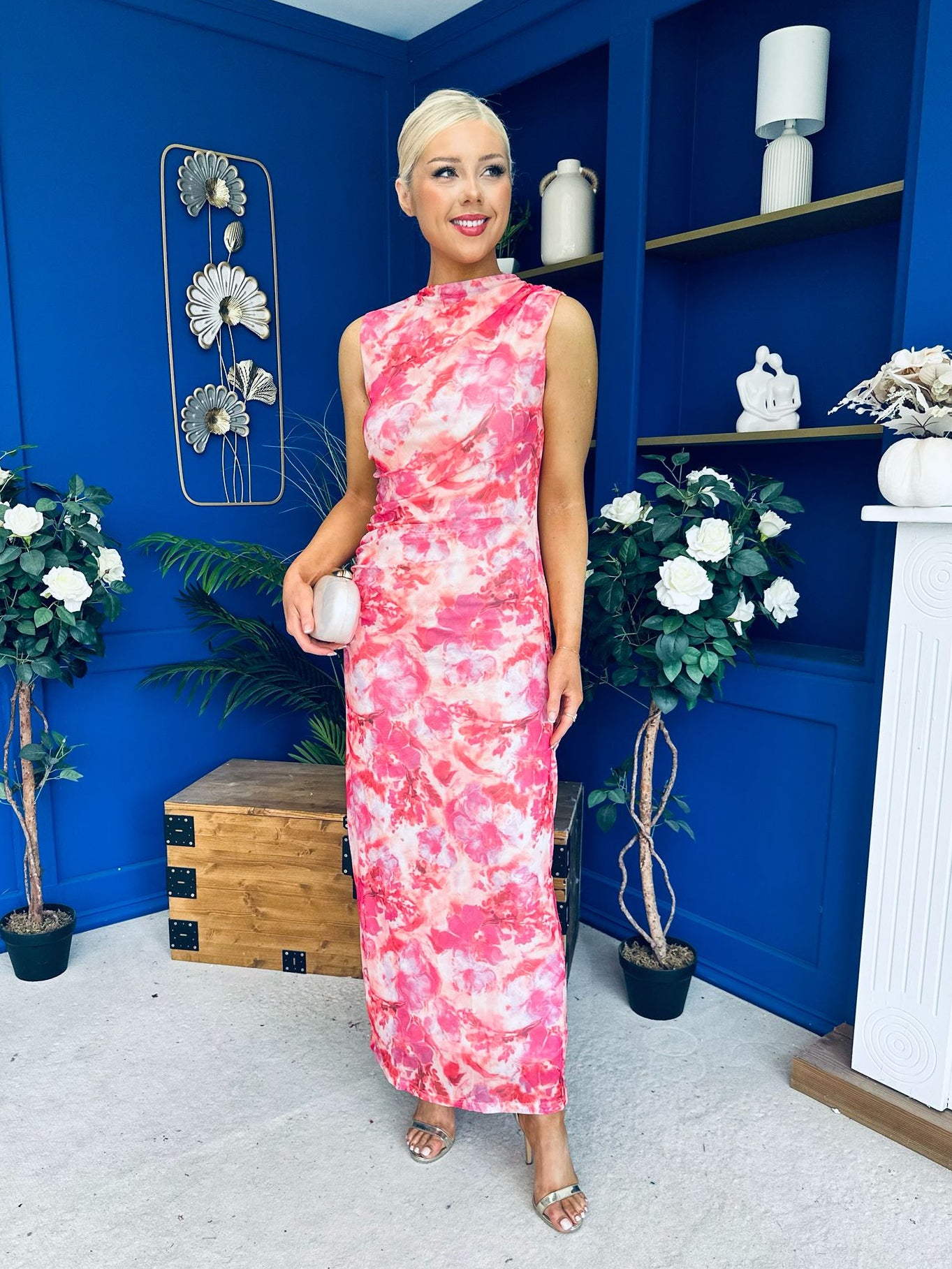 Gianna High Neck Mesh Midi Dress Floral Pink