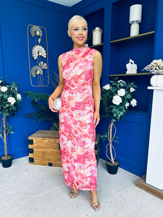 Gianna High Neck Mesh Midi Dress Floral Pink