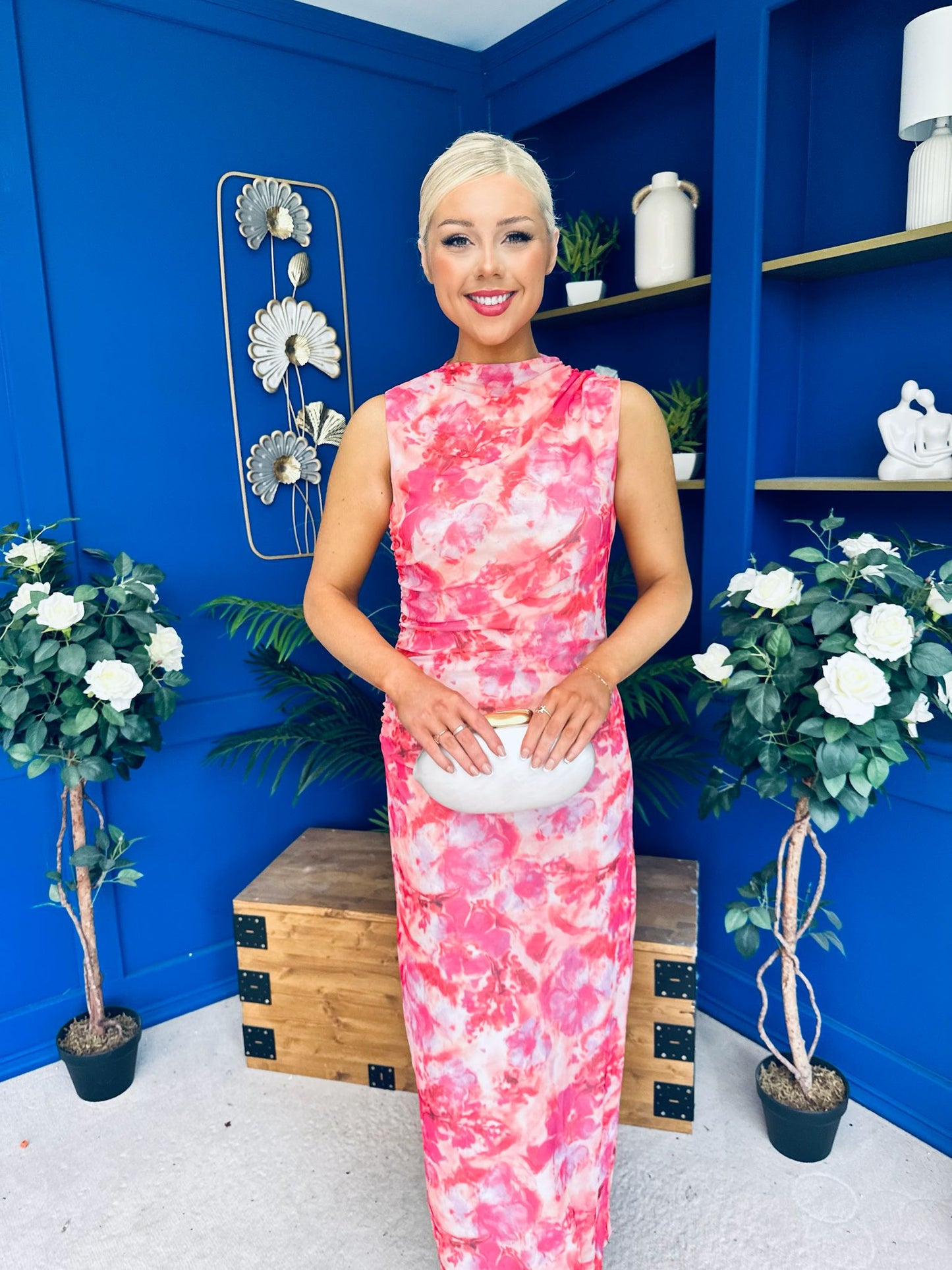 Gianna High Neck Mesh Midi Dress Floral Pink