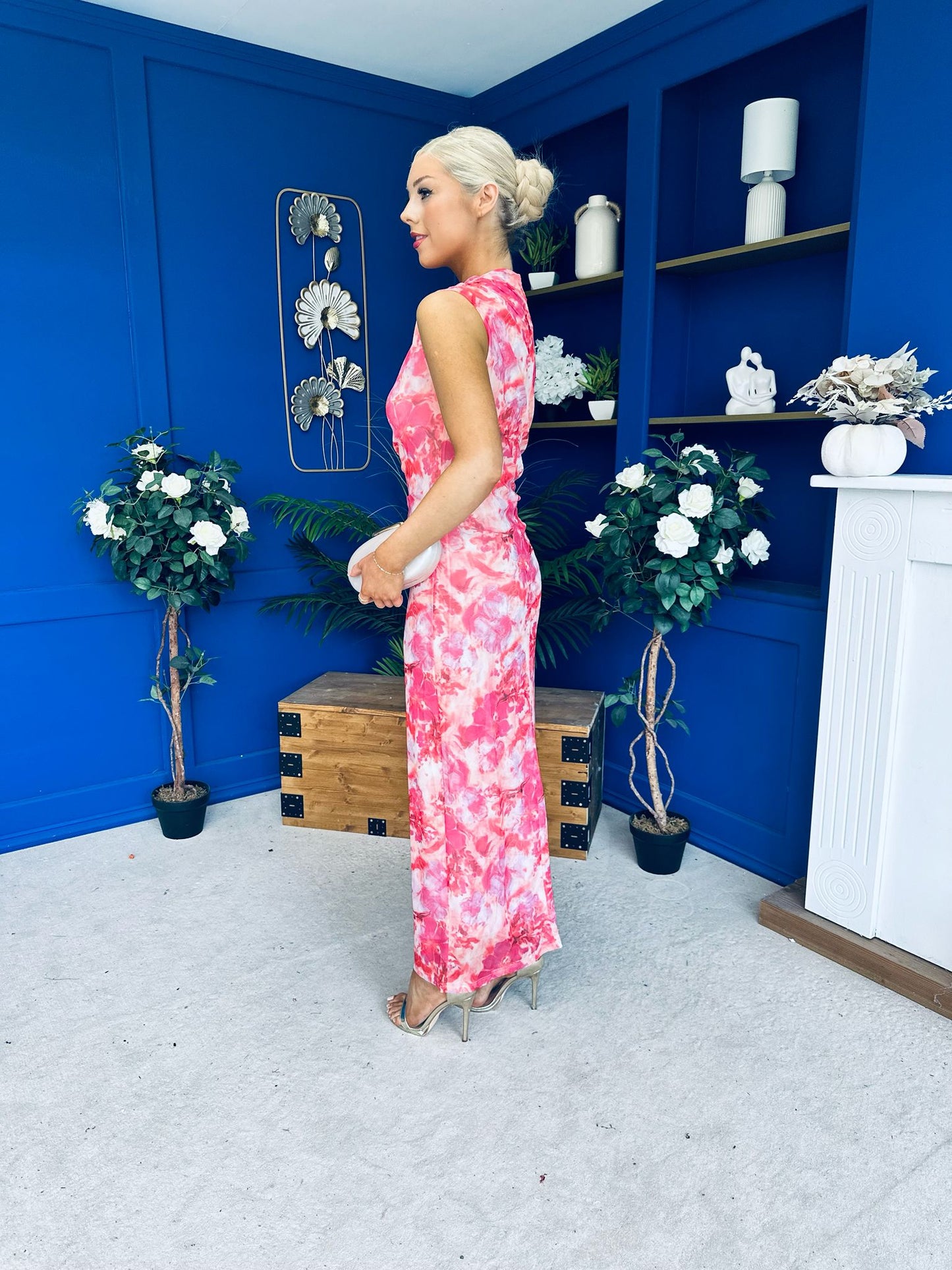Gianna High Neck Mesh Midi Dress Floral Pink