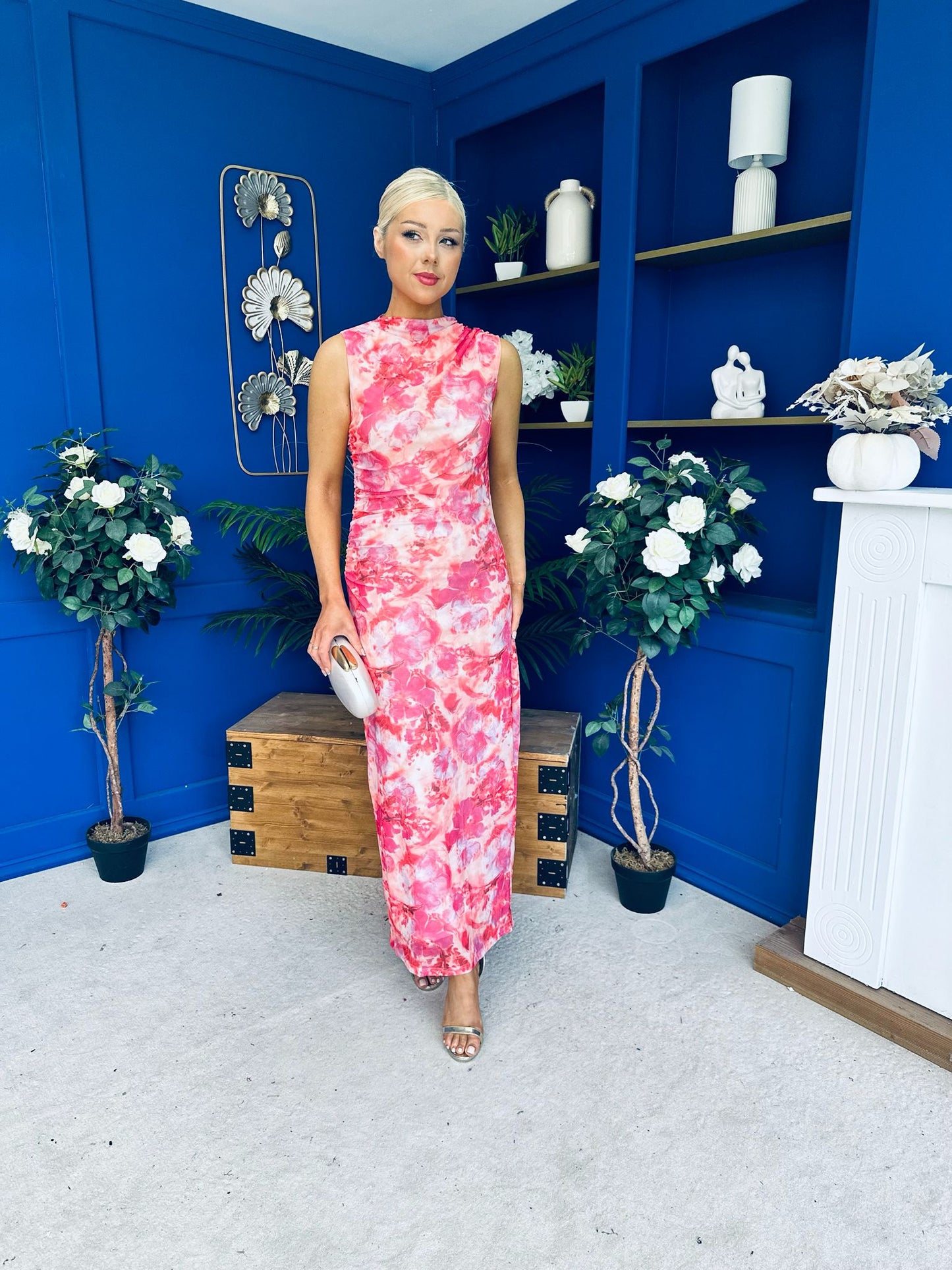 Gianna High Neck Mesh Midi Dress Floral Pink