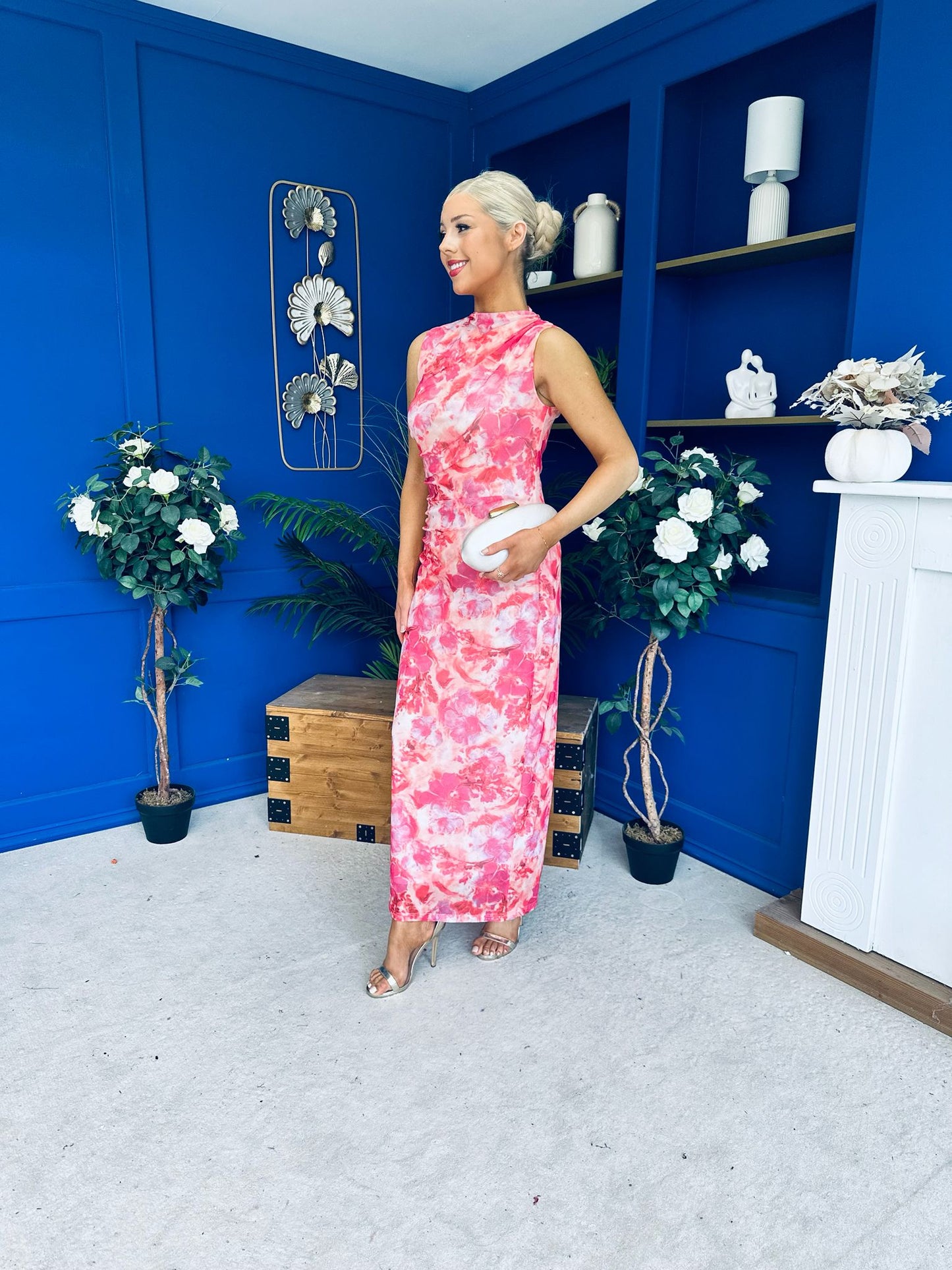 Gianna High Neck Mesh Midi Dress Floral Pink