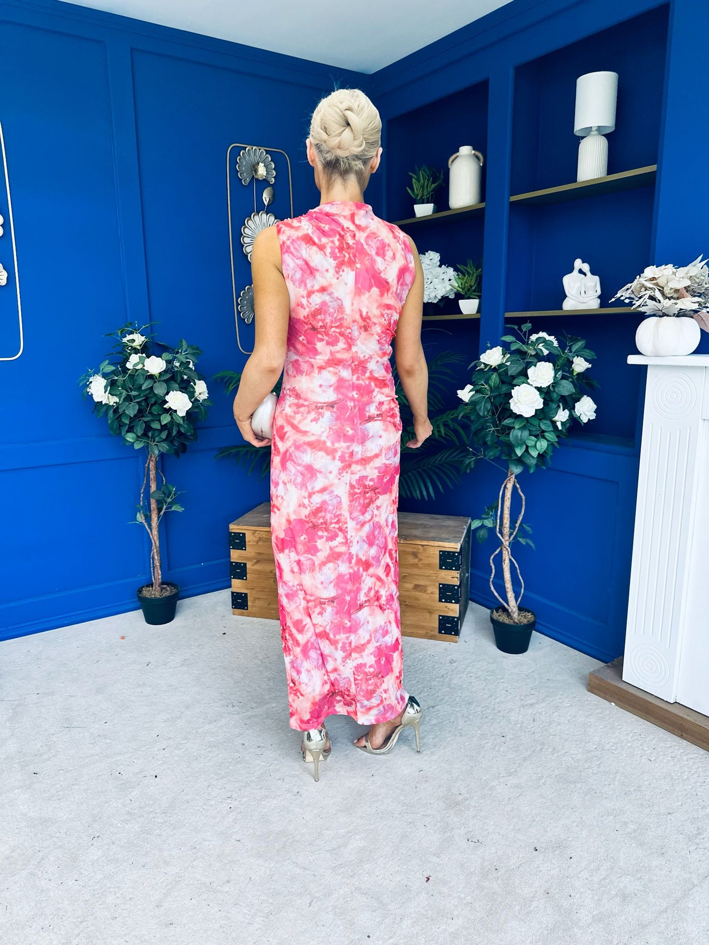 Gianna High Neck Mesh Midi Dress Floral Pink