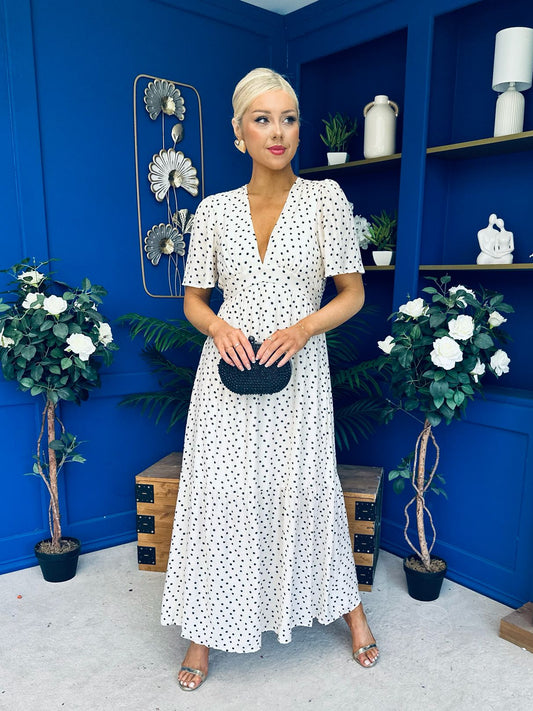 Addie Detailed Midi Dress Polka Cream