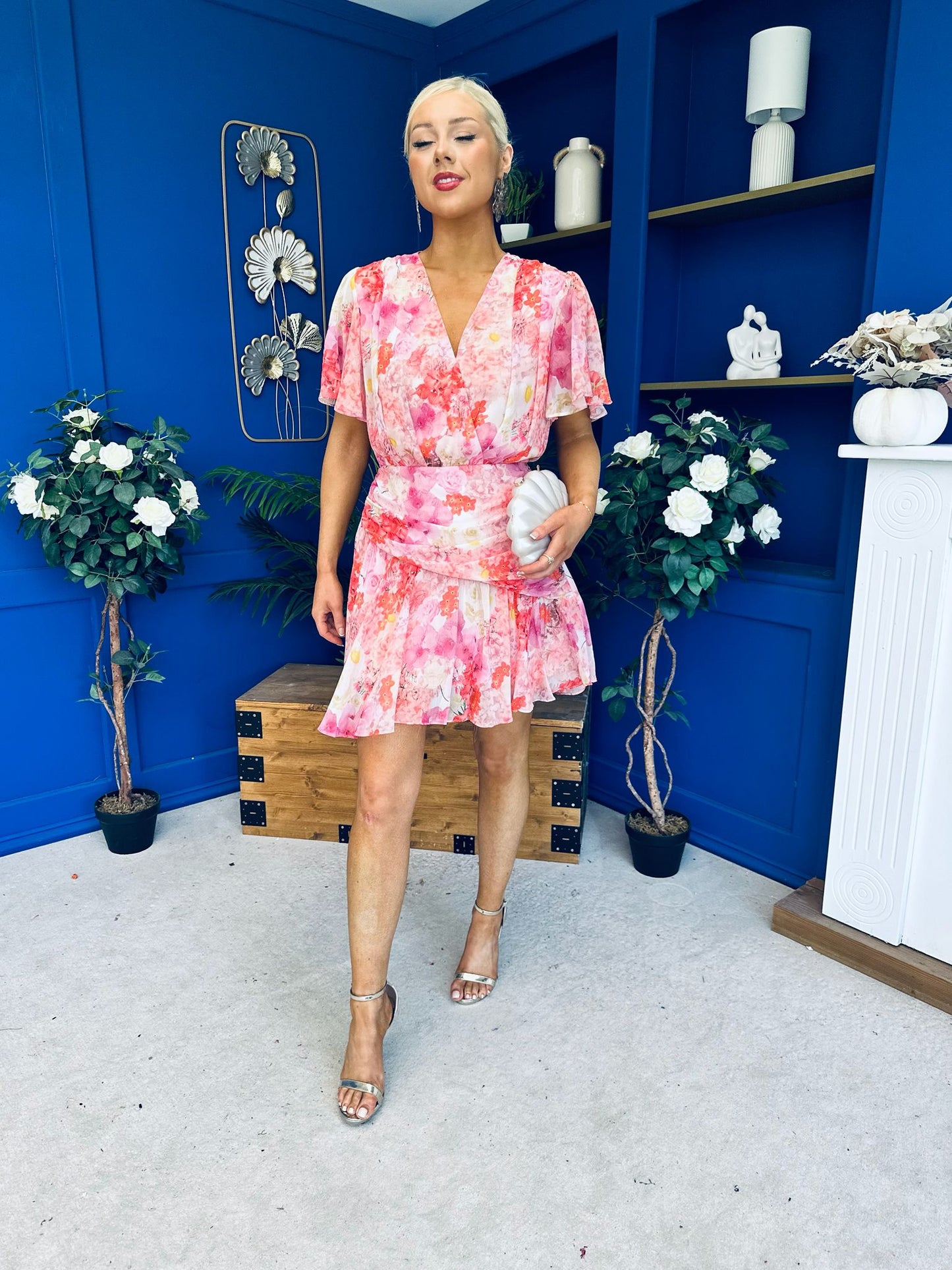 Linda Detailed Mini Dress Floral Coral