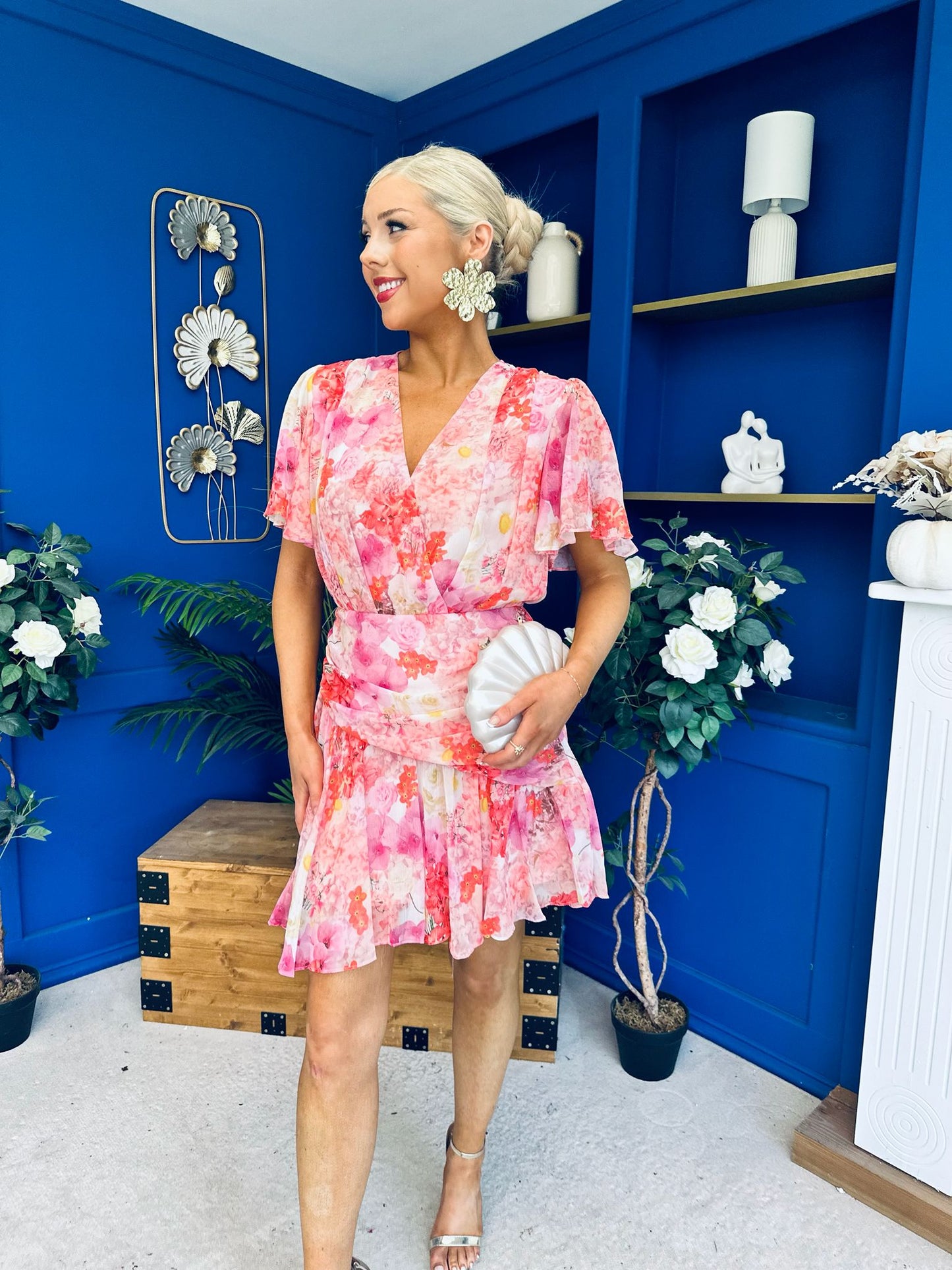 Linda Detailed Mini Dress Floral Coral