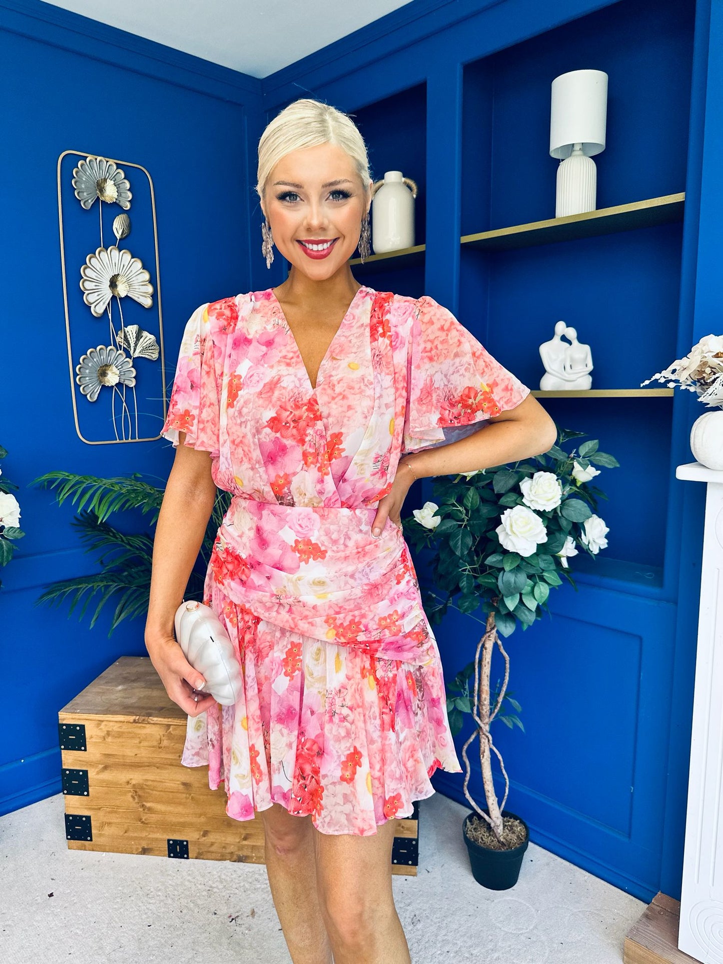 Linda Detailed Mini Dress Floral Coral