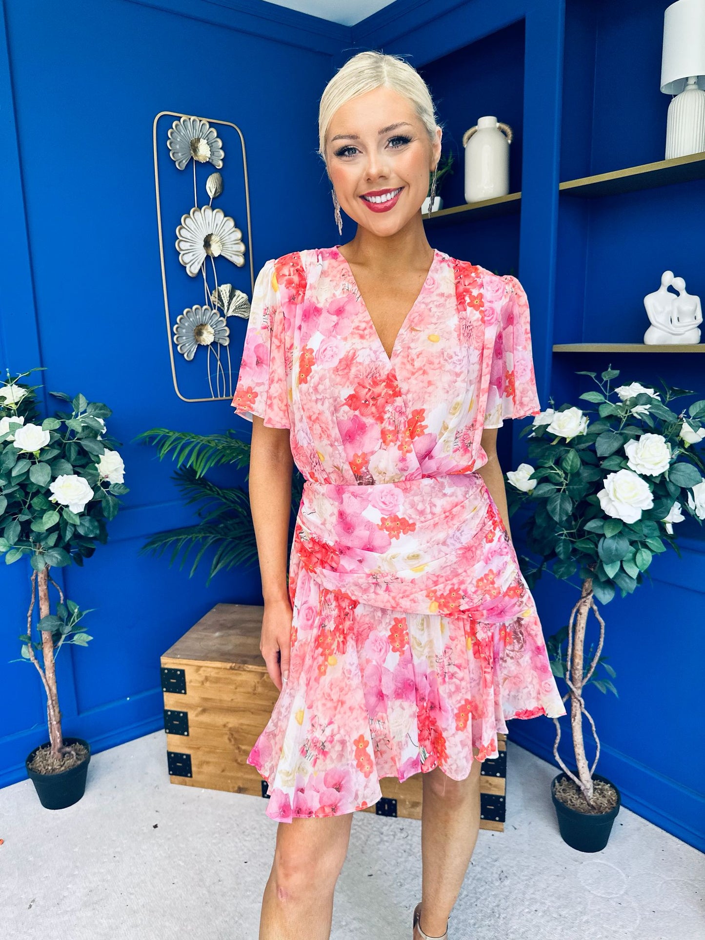 Linda Detailed Mini Dress Floral Coral