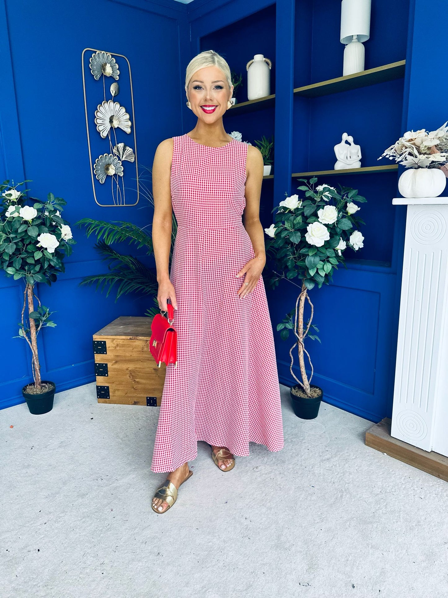 Daphne Bow Back Midi Dress Check Red
