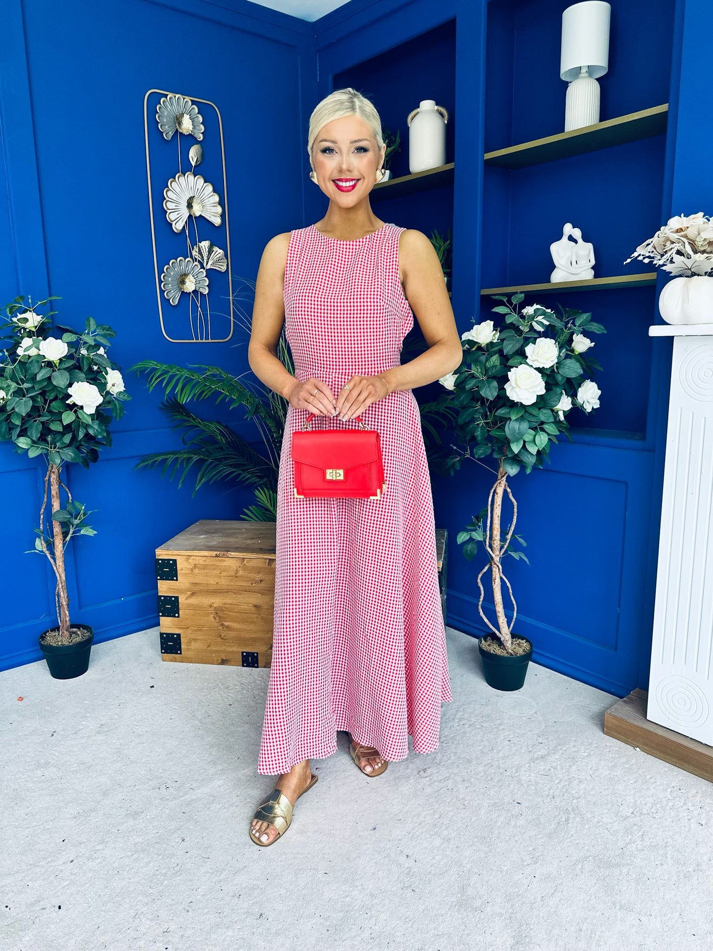 Daphne Bow Back Midi Dress Check Red