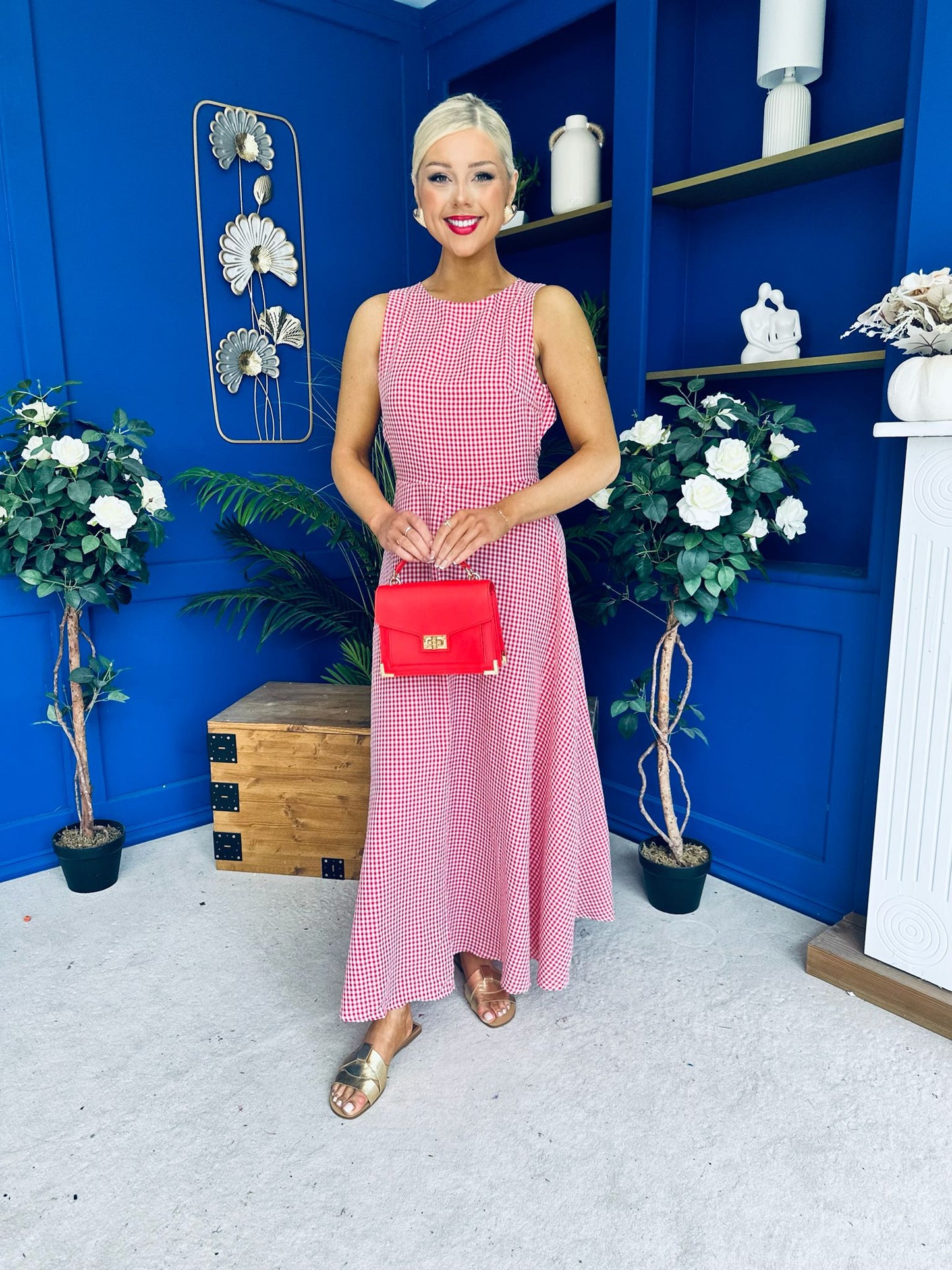 Daphne Bow Back Midi Dress Check Red
