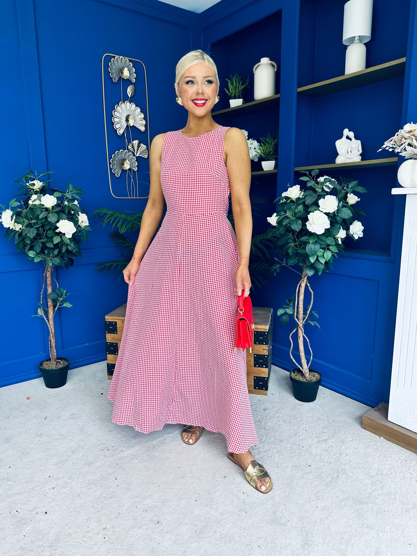 Daphne Bow Back Midi Dress Check Red