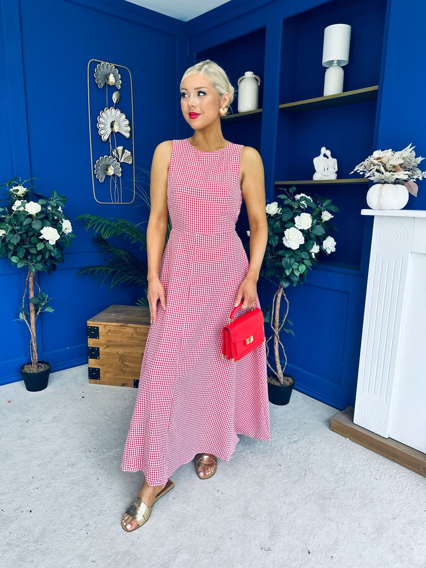 Daphne Bow Back Midi Dress Check Red