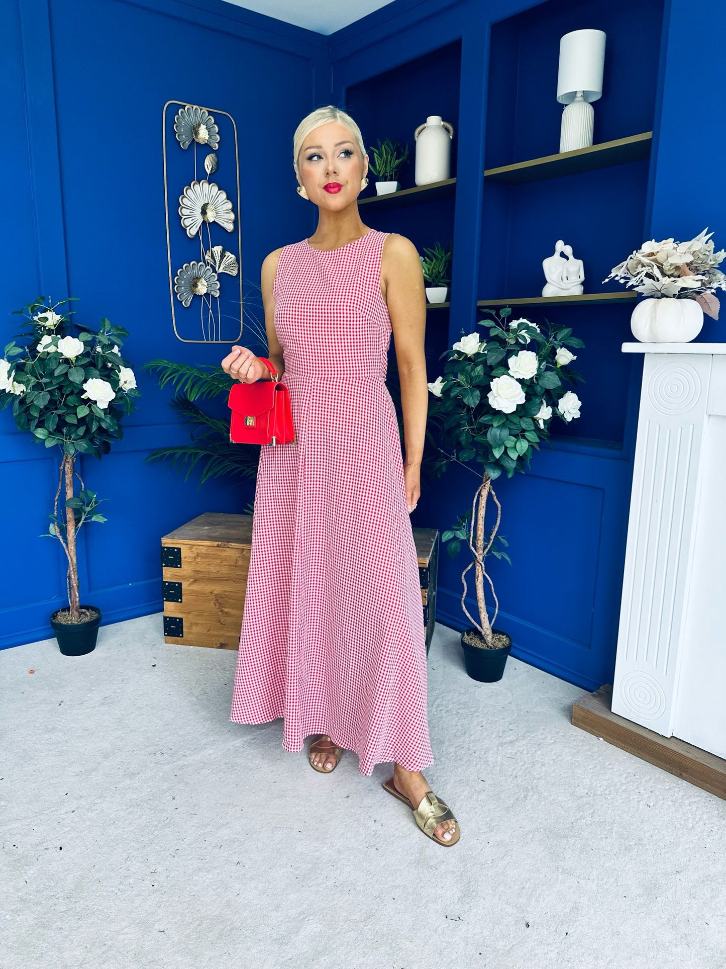 Daphne Bow Back Midi Dress Check Red
