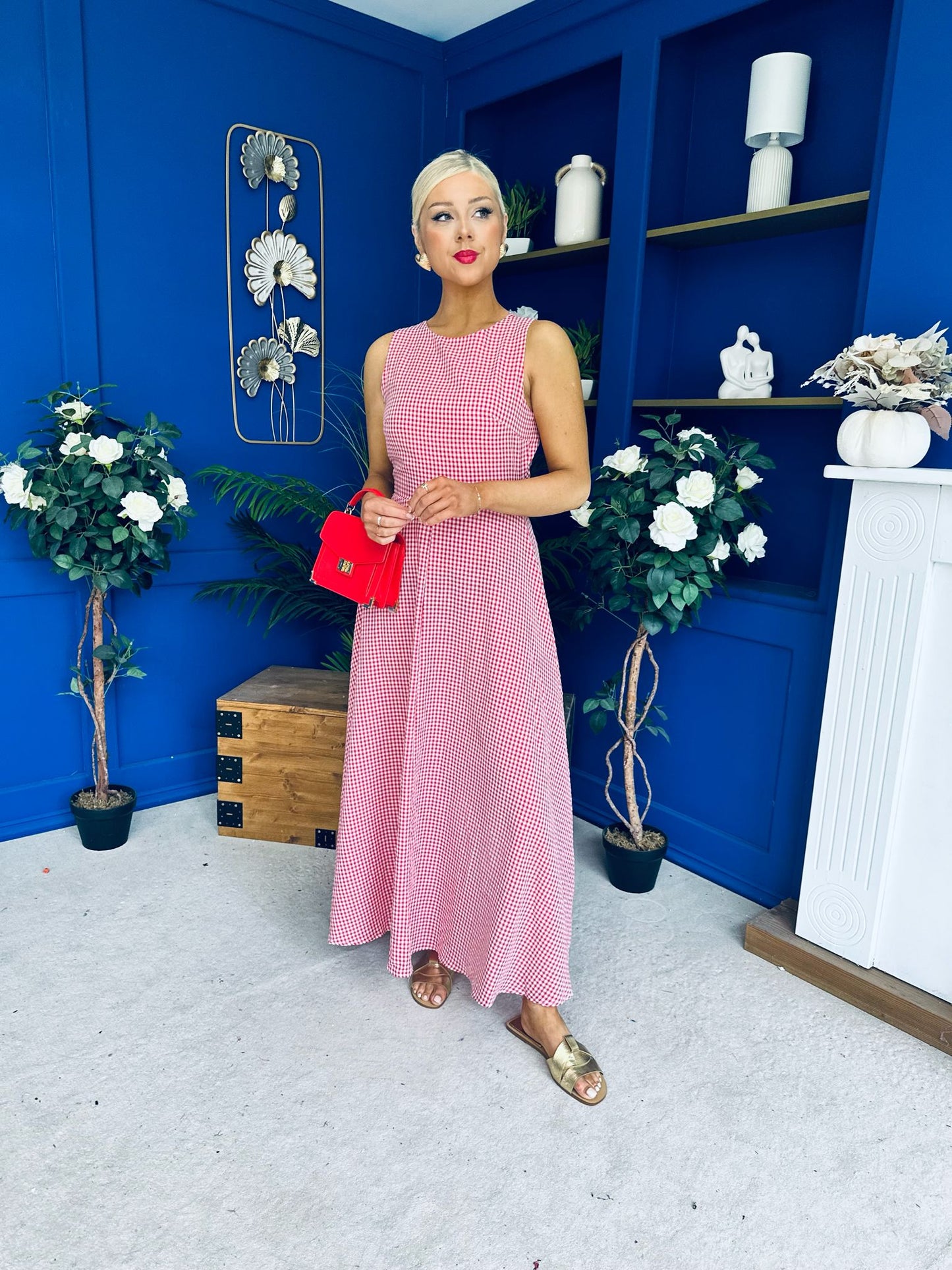 Daphne Bow Back Midi Dress Check Red