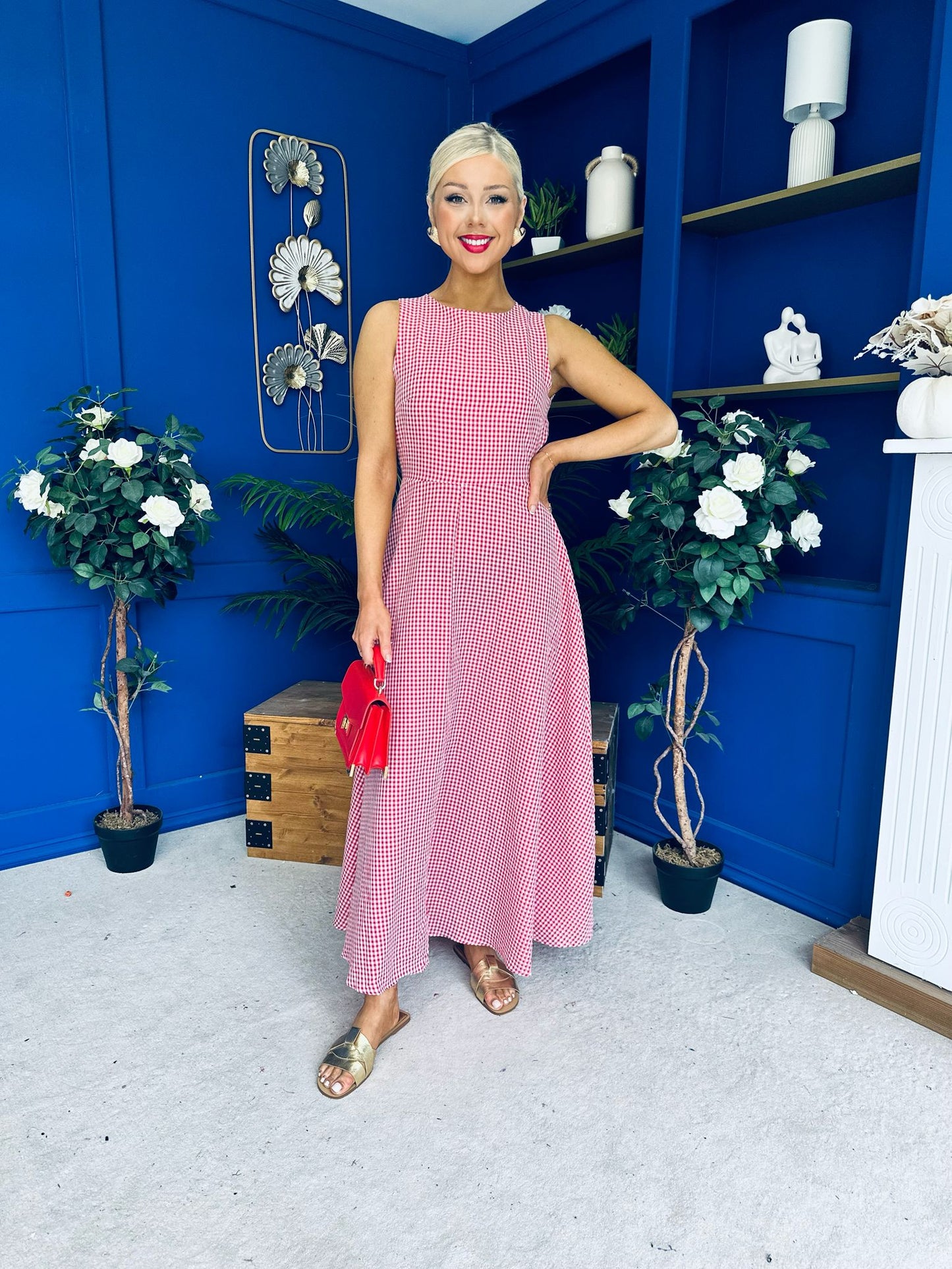 Daphne Bow Back Midi Dress Check Red