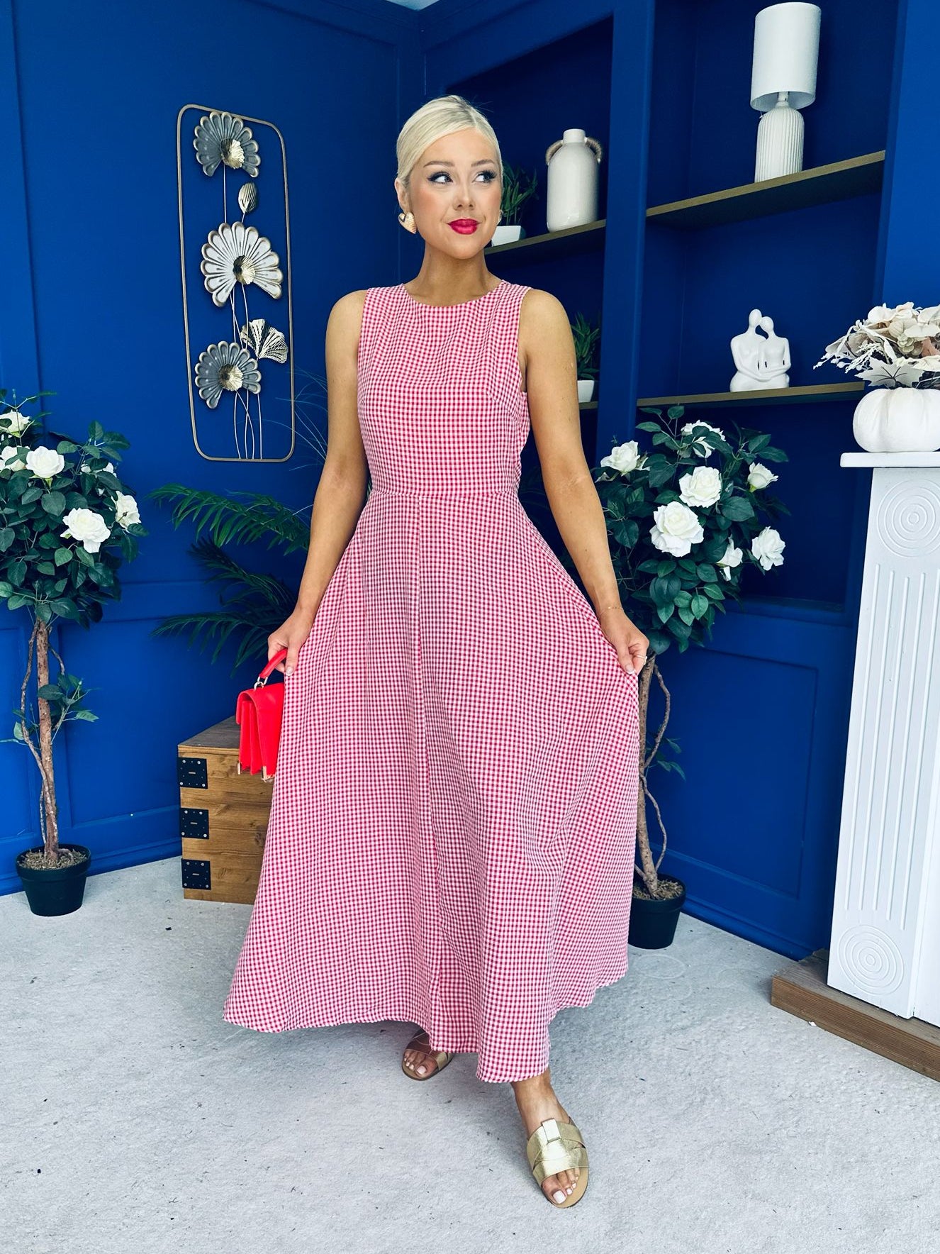 Daphne Bow Back Midi Dress Check Red