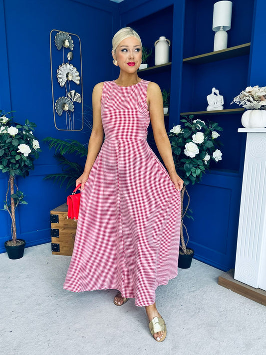 Daphne Bow Back Midi Dress Check Red